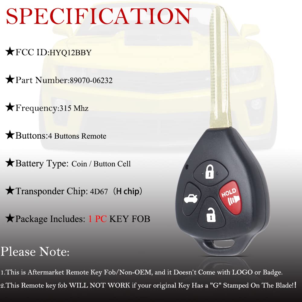 Key Fob Remote Replacement Fits For Toyota Camry 2007 2008 2009 2010 2011/Corolla 2009 2010 Hyq12Bby Keyless Entry Remote Contro
