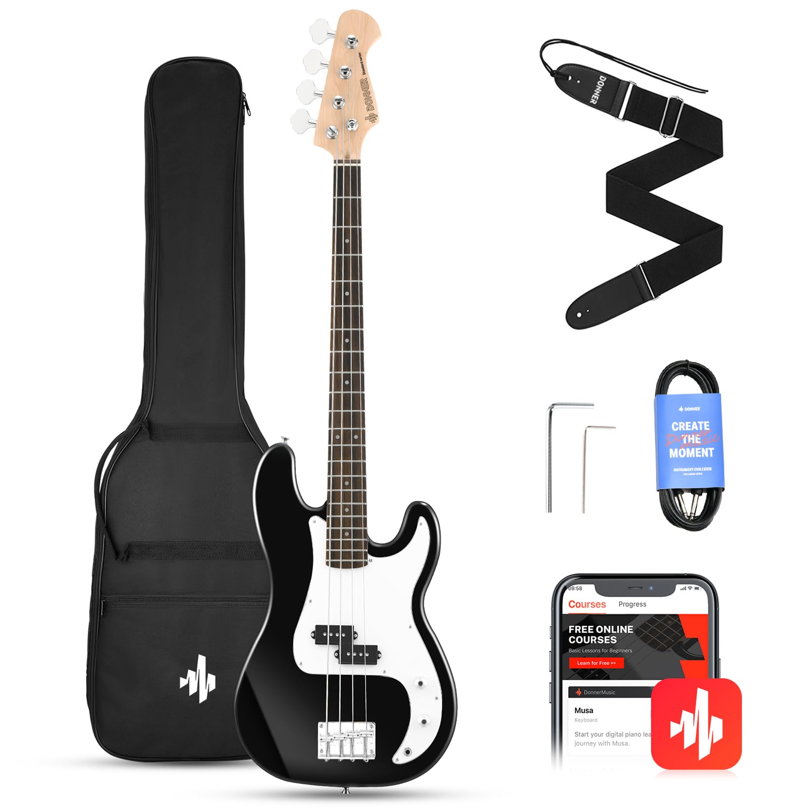Donner Electric Bass Guitar 4 Strings Full Size Standard Bass Pb Style Beginner Kit Black For Starter With Free Online Lesson Gi