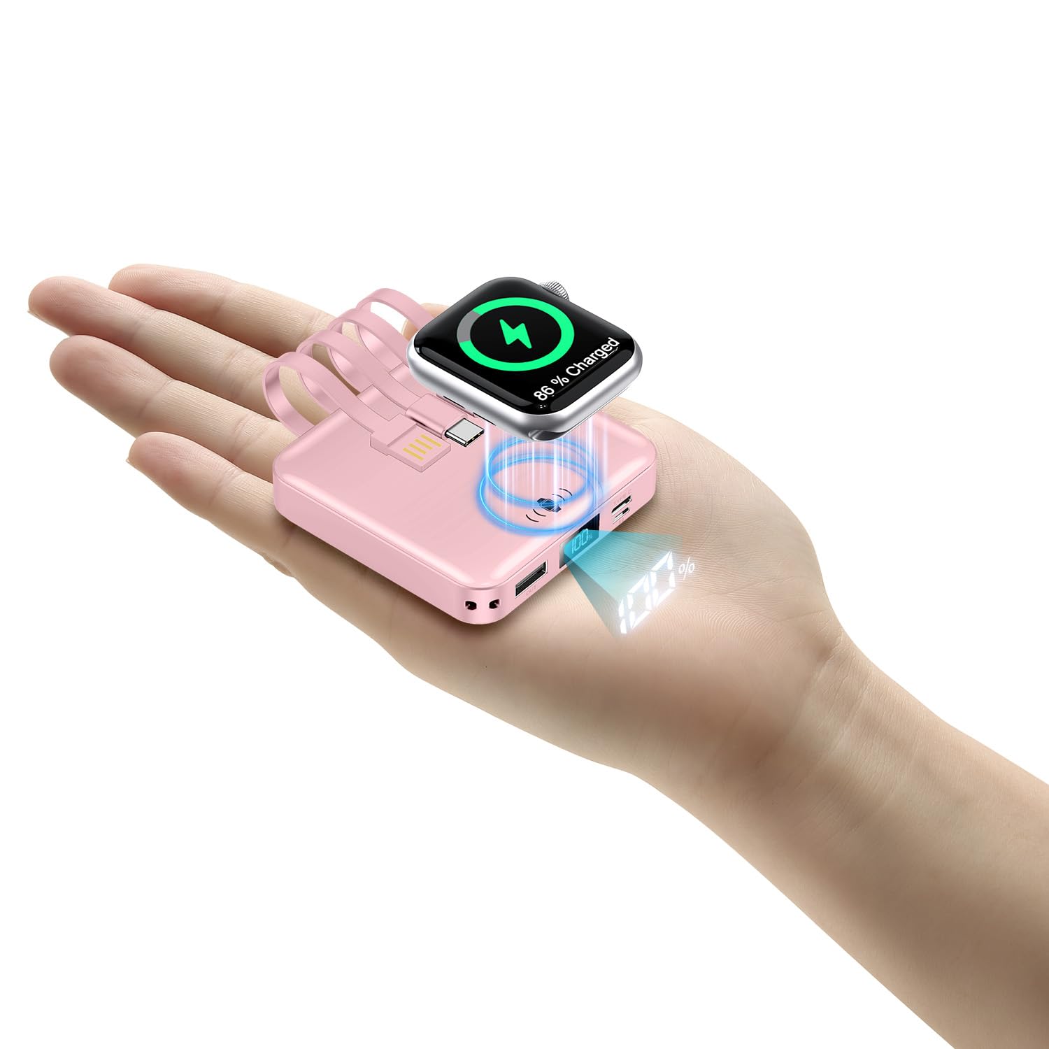 Mini Portable Charger for iWatch 12000mAh, Power Bank with Builtin Cables