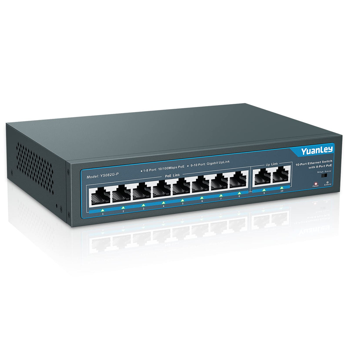 Yuanley 8 Port Poe Switch With 2 Gigabit Uplink, 8 Poe+ Port 100Mbps, 120W 802.3Af/At, Extend Function, Metal, Fanless, Unmanage