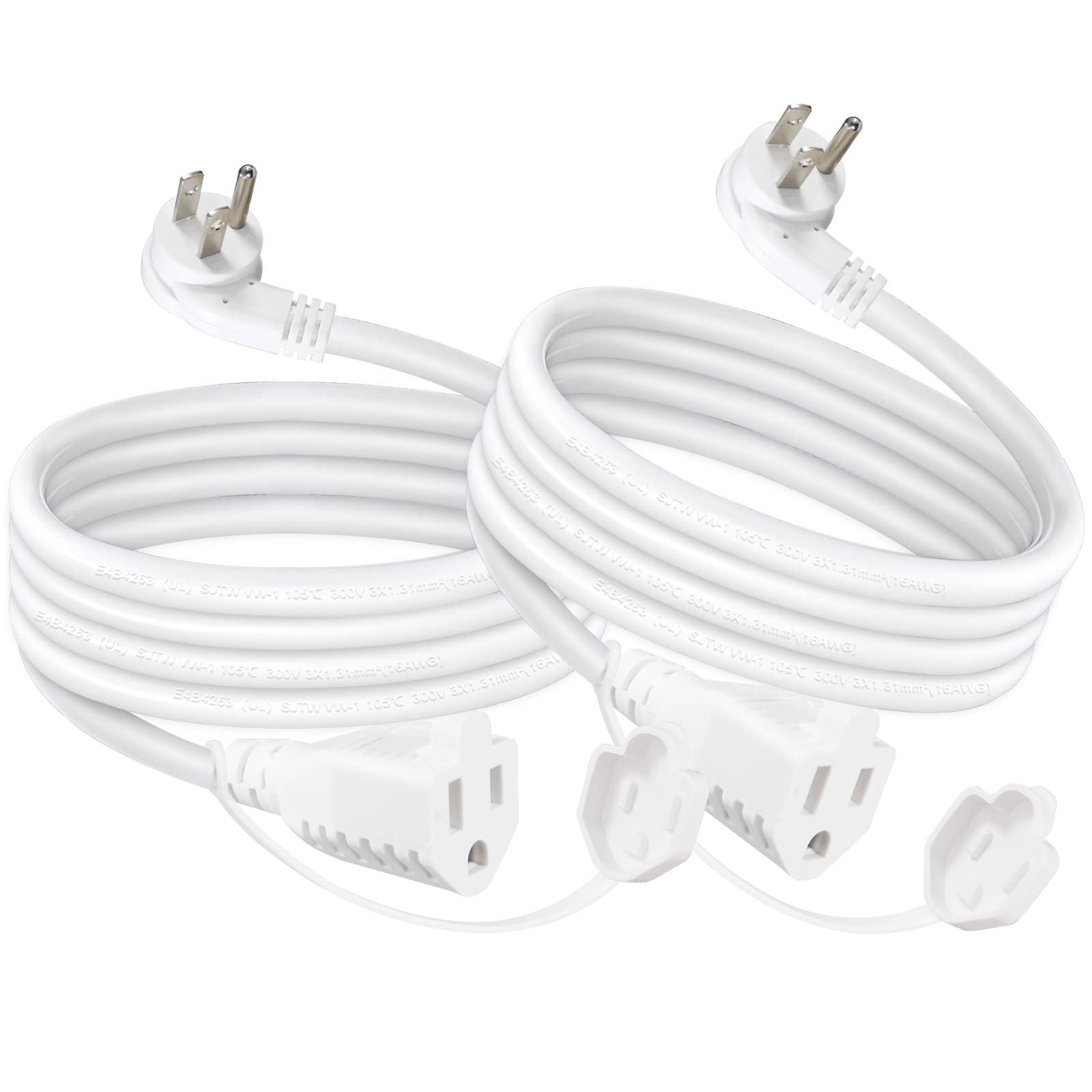 [2Pack] 3Ft White Flat Plug Outdoor Extension Cord   Weatherproof Garden Low Profile Flat Plug 3 Prong Indoor Grounded Extension