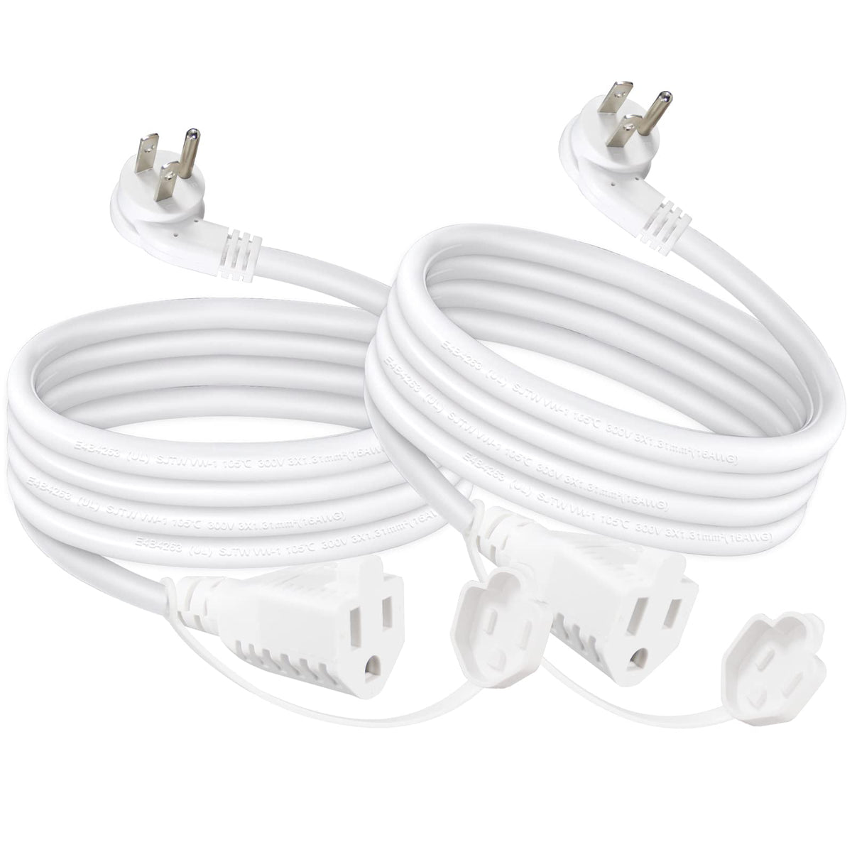 [2Pack] 3Ft White Flat Plug Outdoor Extension Cord   Weatherproof Garden Low Profile Flat Plug 3 Prong Indoor Grounded Extension