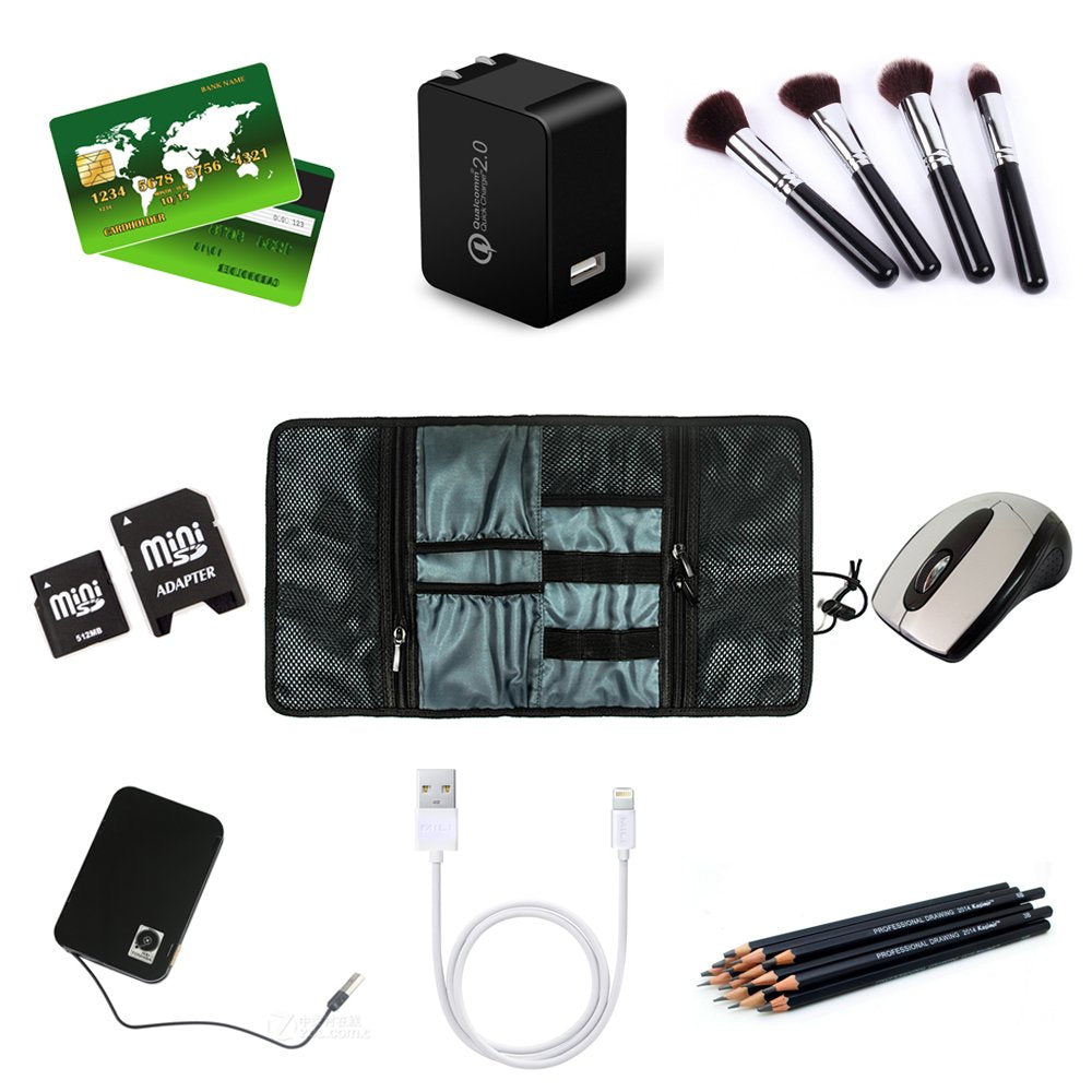 Procase Electronic Organizer Cord Pouch, Travel Cable Charger Phone Accessories Bag Organizer Roll Up Tech Carrying Case For Usb Cables Sd Memory Cards Earphone Flash Hard Drive  Blackplaid