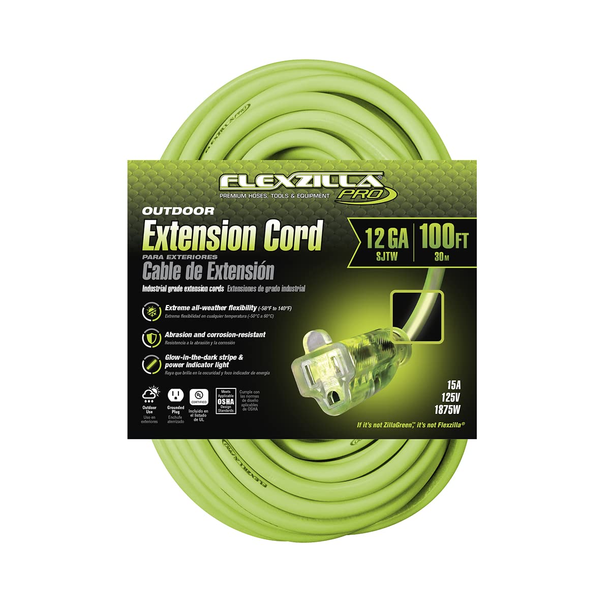 Flexzilla Pro Extension Cord, 12/3 Awg Sjtw, 100 Ft., Lighted Plug, Indoor/Outdoor, Zillagreen   Fz512835