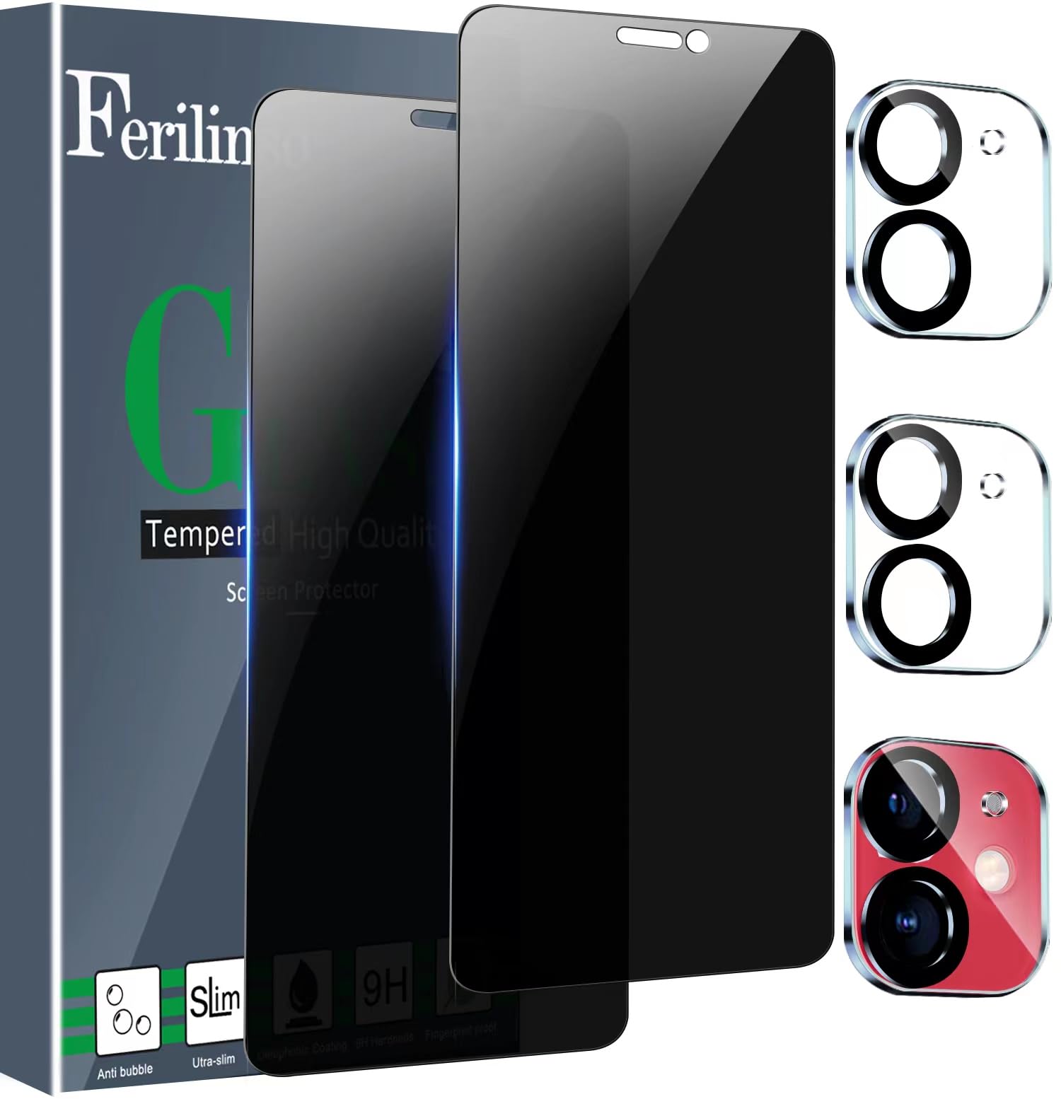 Ferilinso 4 Pack Privacy Screen Protector For Iphone 11 With 2 Pack Camera Lens Protector, 2 Pack Anty  Spy Tempered Glass Film