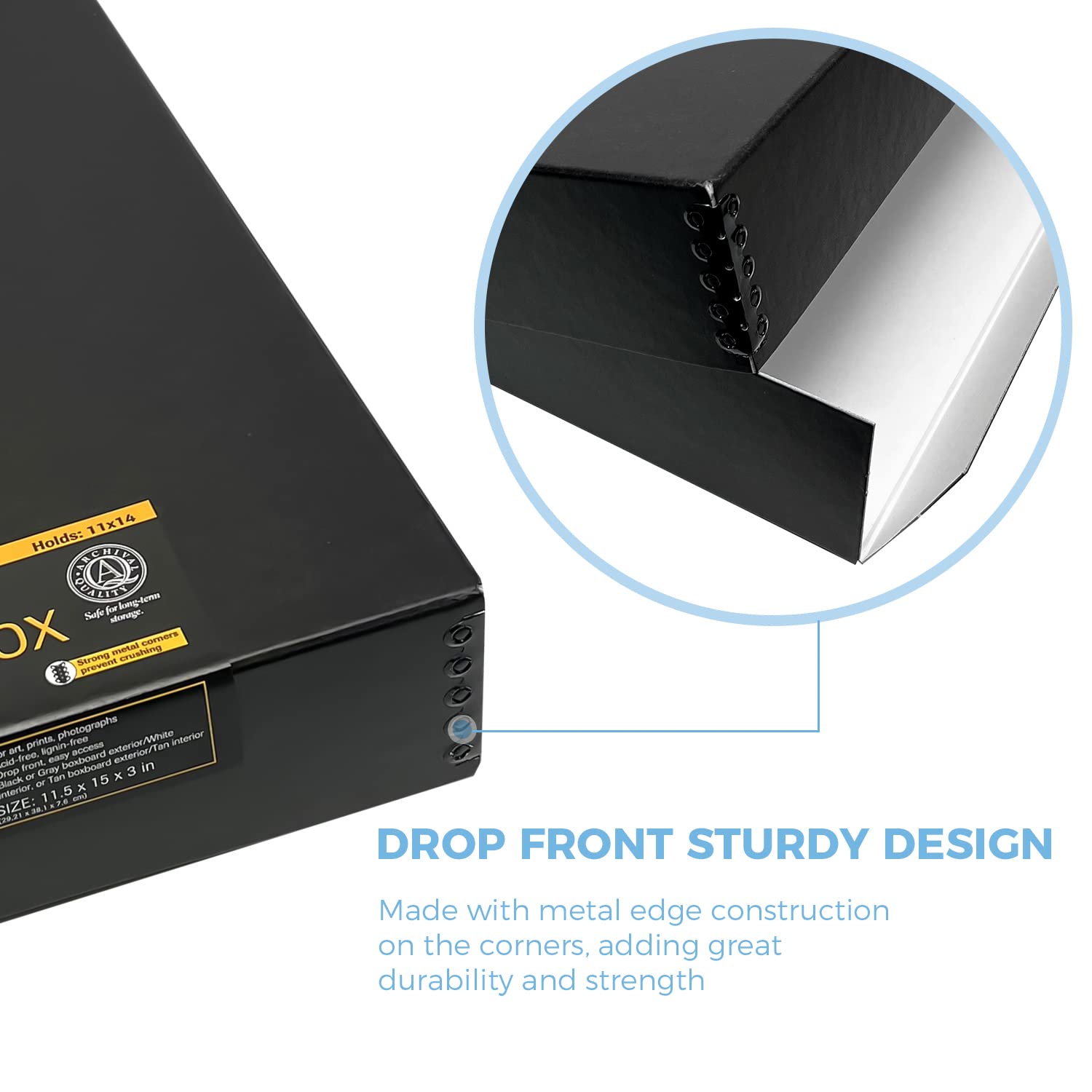 Lineco 11X14 Black Museum Archival Storage Box, Drop Front Design, 11 1/2 X 15 X 3 In. Acid Free With Metal Edge. Preserves Picture Longevity, Organize Photos Or Documents, Crafts, Diy.