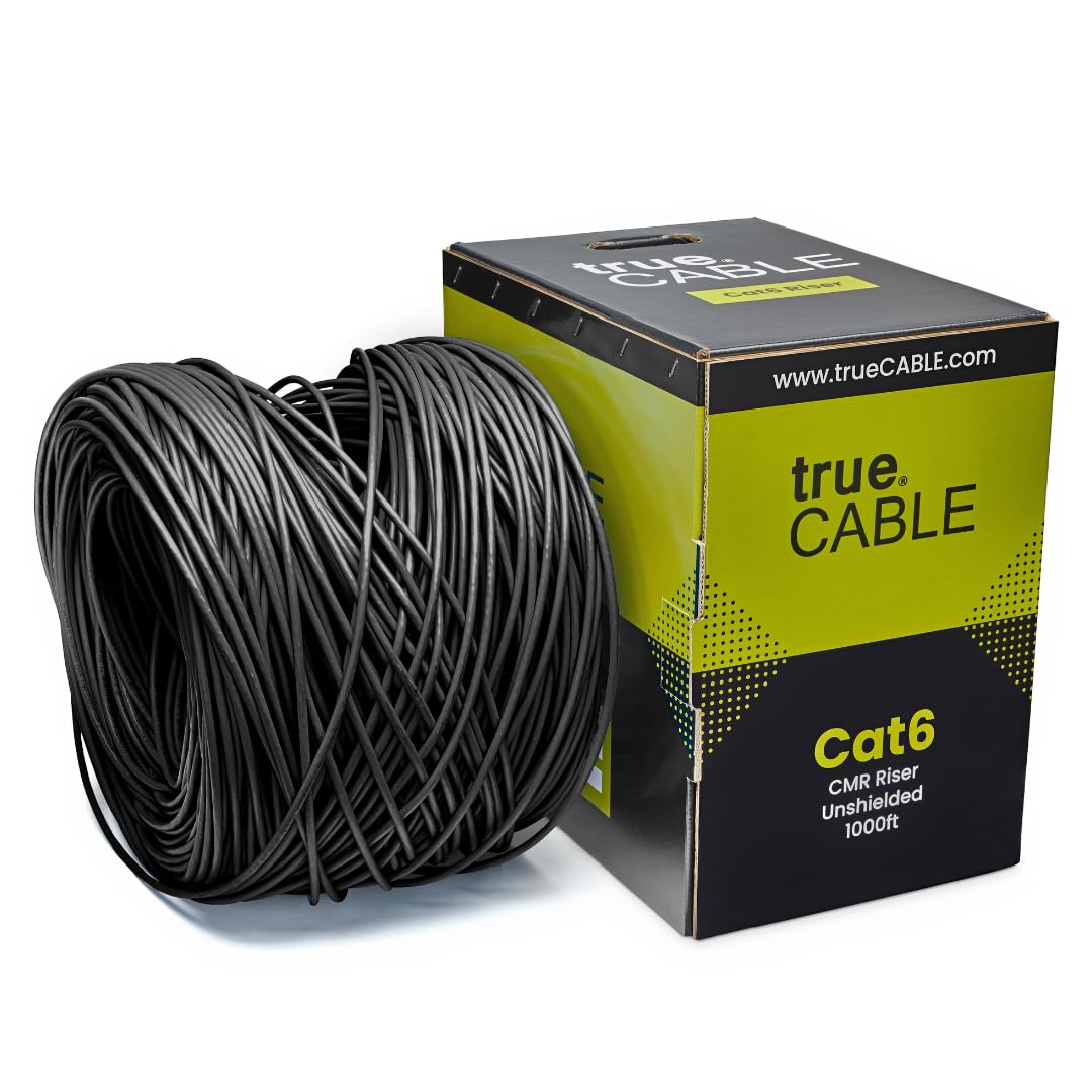 Truecable Cat6 Riser (Cmr), 1000Ft, Black, 23Awg 4 Pair Solid Bare Copper, 550Mhz, Poe++ (4Ppoe), Etl Listed, Unshielded Twisted Pair (Utp), Bulk Ethernet Cable