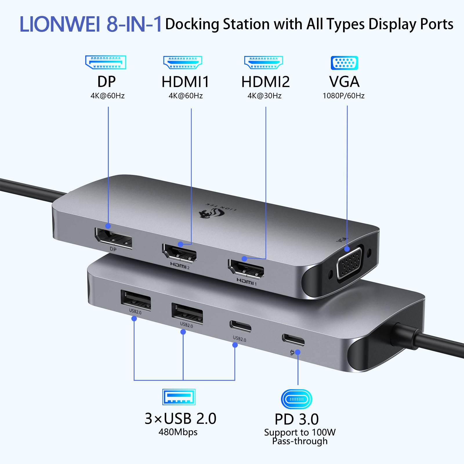 Lionwei Usb C Docking Station Dual Monitor, Laptop Docking Station 3 Monitors Quadruple Display With Dual 4K Hdmi, Dp, Vga, 100W