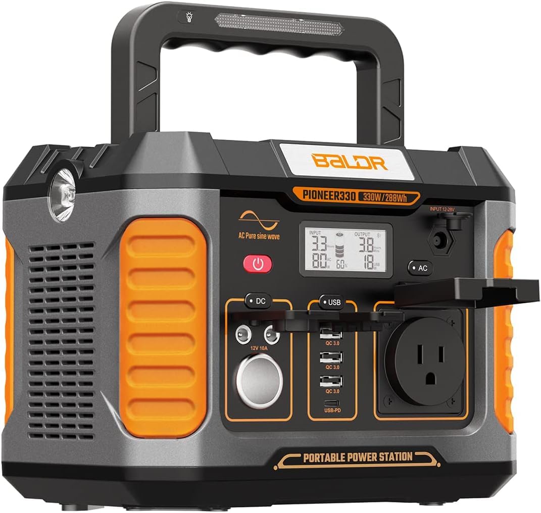 Baldr Portable Power Station, Solar Generator With 120V Pure Sine Wave Ac Outlet, Backup Lithium Battery Power Supply, 330W | 28