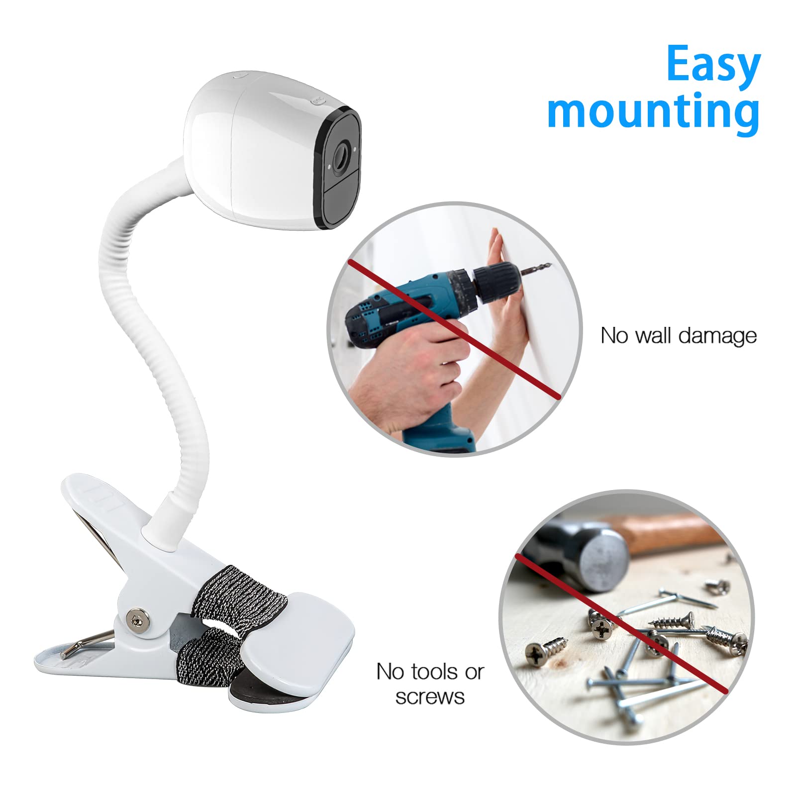 Adjustable Gooseneck Clamp Mount For Eufy Cameras, Mounting Bracket Compatible With Arlo Pro 5S/Pro 4/Pro 3/Pro 2/Essential And More 1/4'' Camera(No Drill,White, 1 Pack)