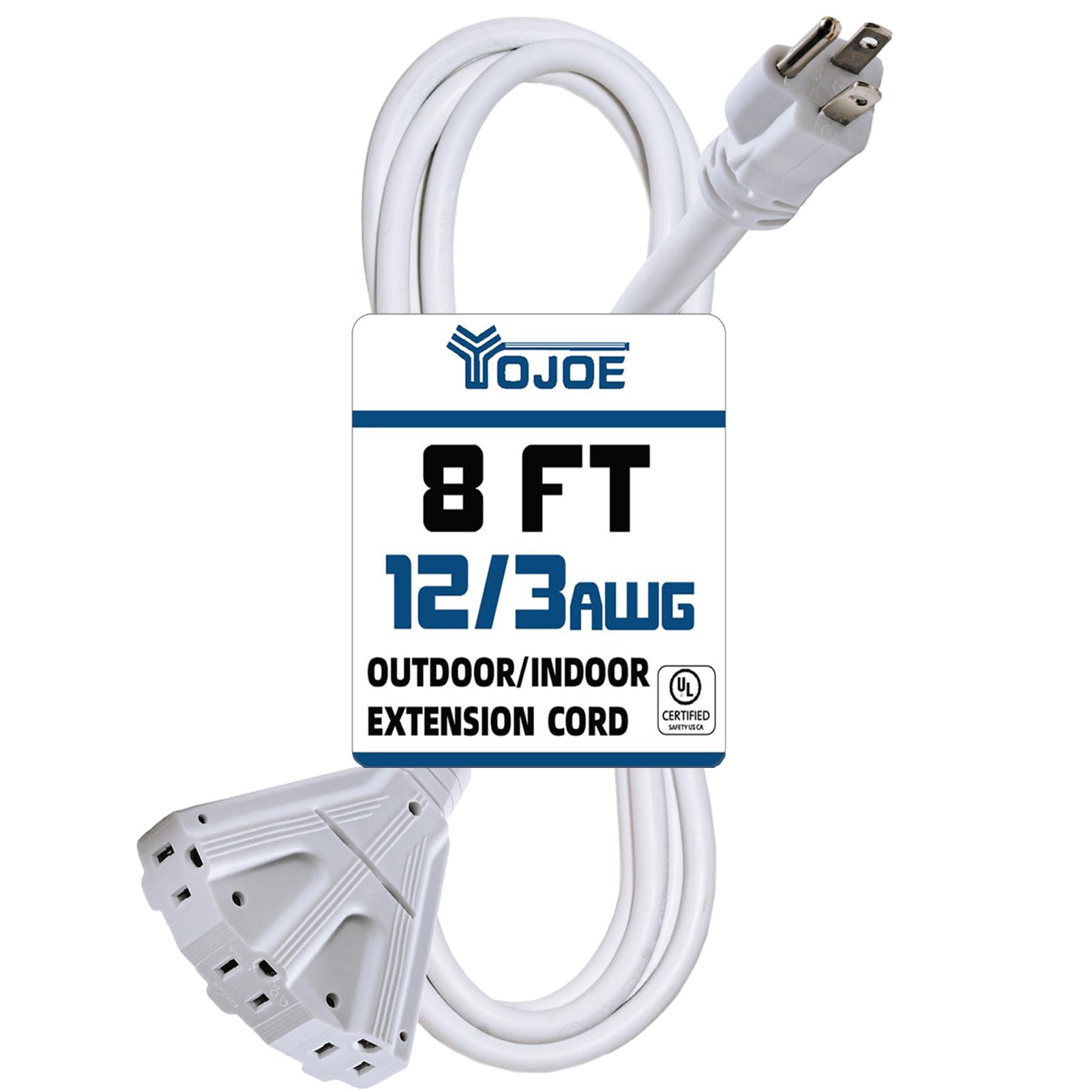 Yojoe 3 Outlets Indoor Outdoor Extension Cord, 3 Prong 15A Weatherproof Power Cord Multiple Outlets, 12 Gauge Heavy Duty 8 Ft Wh