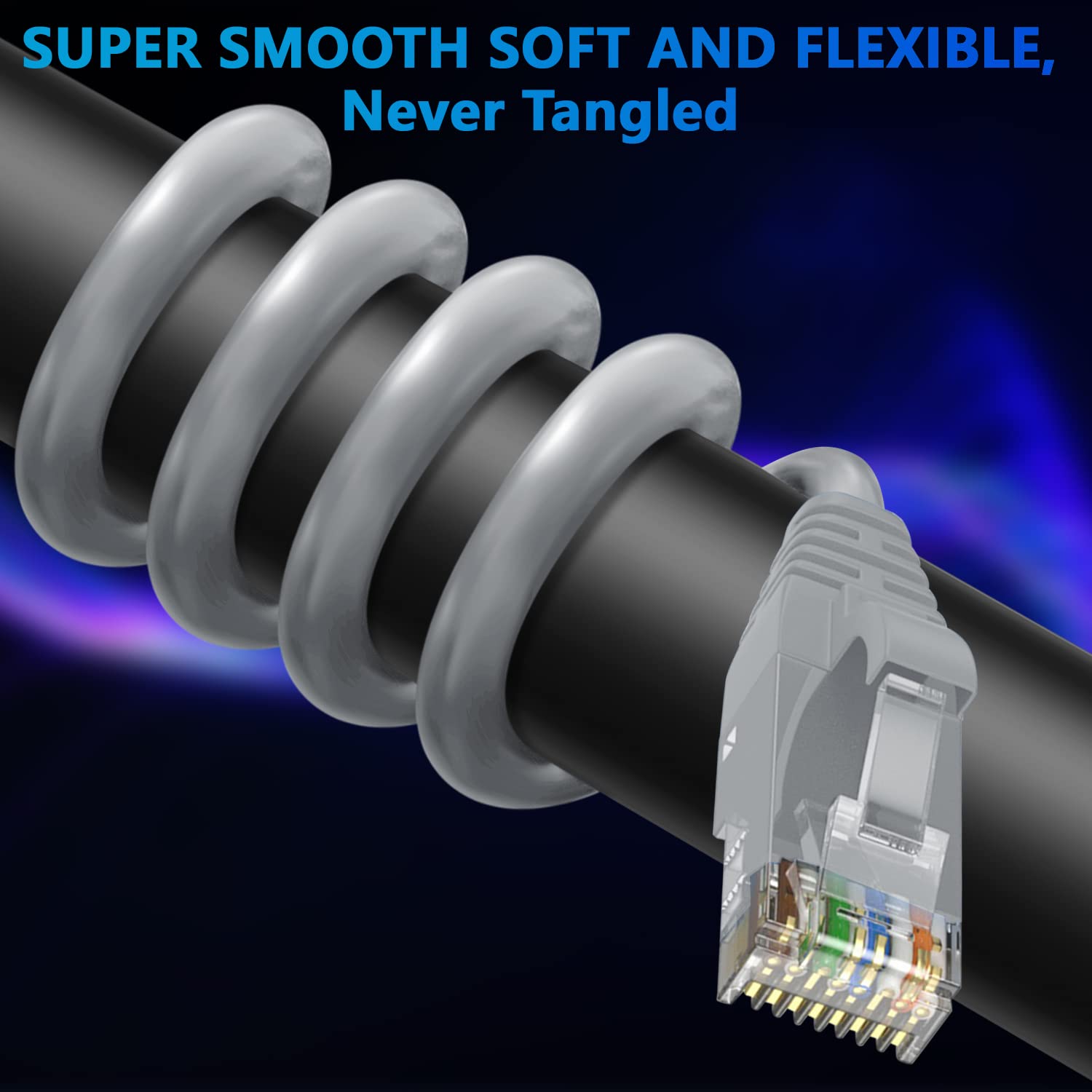 Adoreen Cat 6 Ethernet Cable 50 Ft Gray, High Speed Long Internet Network Cable(6 Colors To Select) Soft Flexible Sturdy, Poe, Rj45 Cat 5 5E Patch Cable Cord, Tangle Free Tight Connection+15 Ties