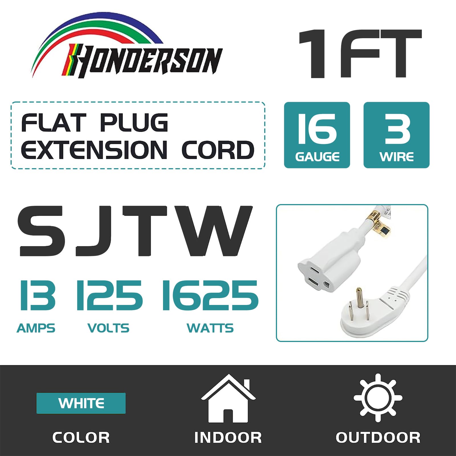 Honderson 3 Pack Flat Plug Indoor Extension Cord, Ul Listed, 16 Gauge 1Ft White 3 Prong Heavy Duty Extension Cord, 16/3 Sjtw 13A