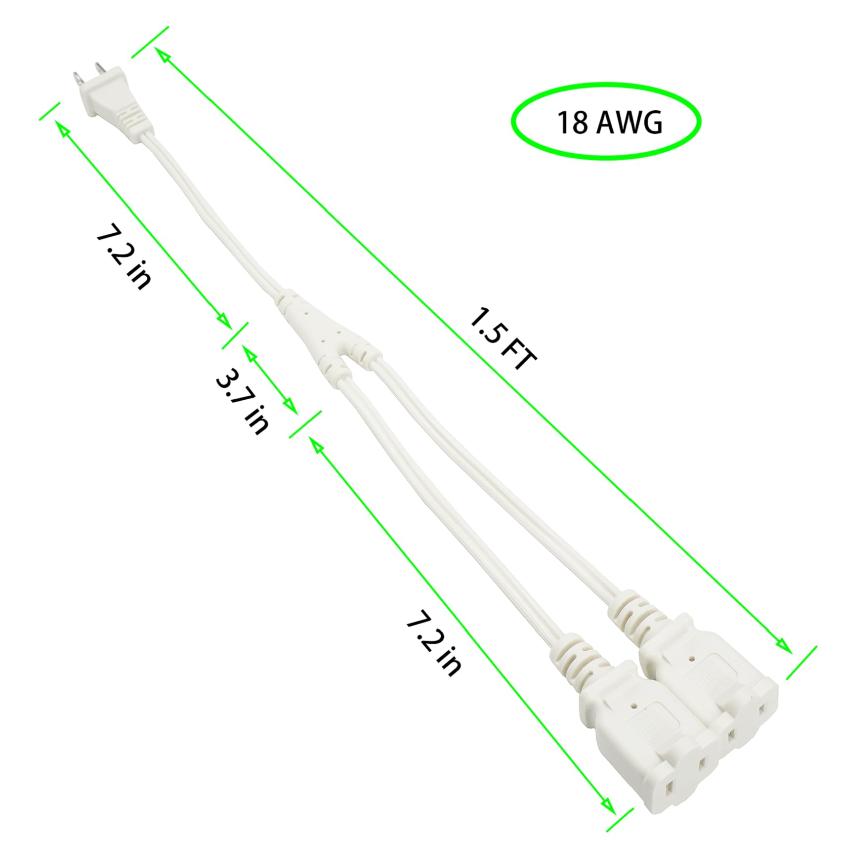 1.5 Ft 2 Outlet Power Splitter Cord, White 18 Sjt Wire, 2 Prong Indoor Extension Cord 1 To 2, Male To Female Y Splitter, 10 A 12