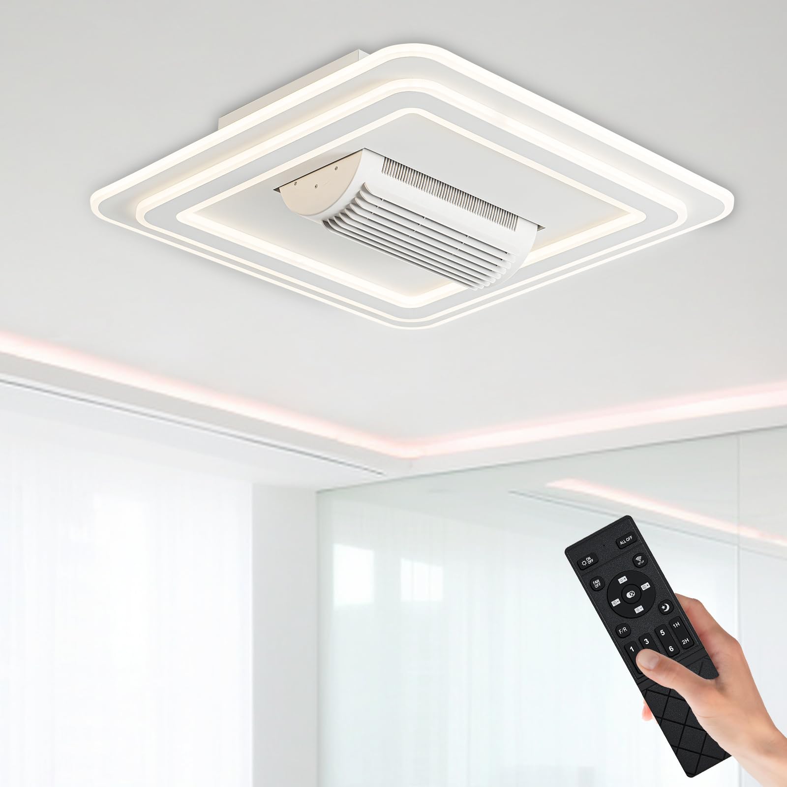 STERREN Bladeless Ceiling Fans with Lights, 20  Modern Flush Mount Ceiling Fan with Remote and Dimmable LED Lights, 6 Speed Fan 