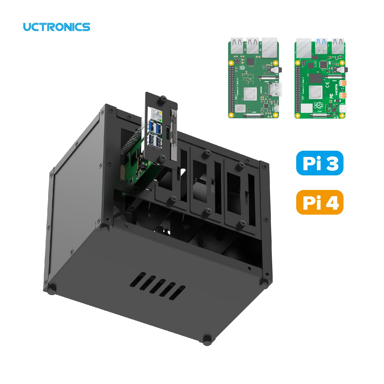 Uctronics Upgraded Complete Enclosure For Raspberry Pi Cluster, With 4 Removable Mounting Brackets For Pi 5, 4B, 3B+/3B, And Oth
