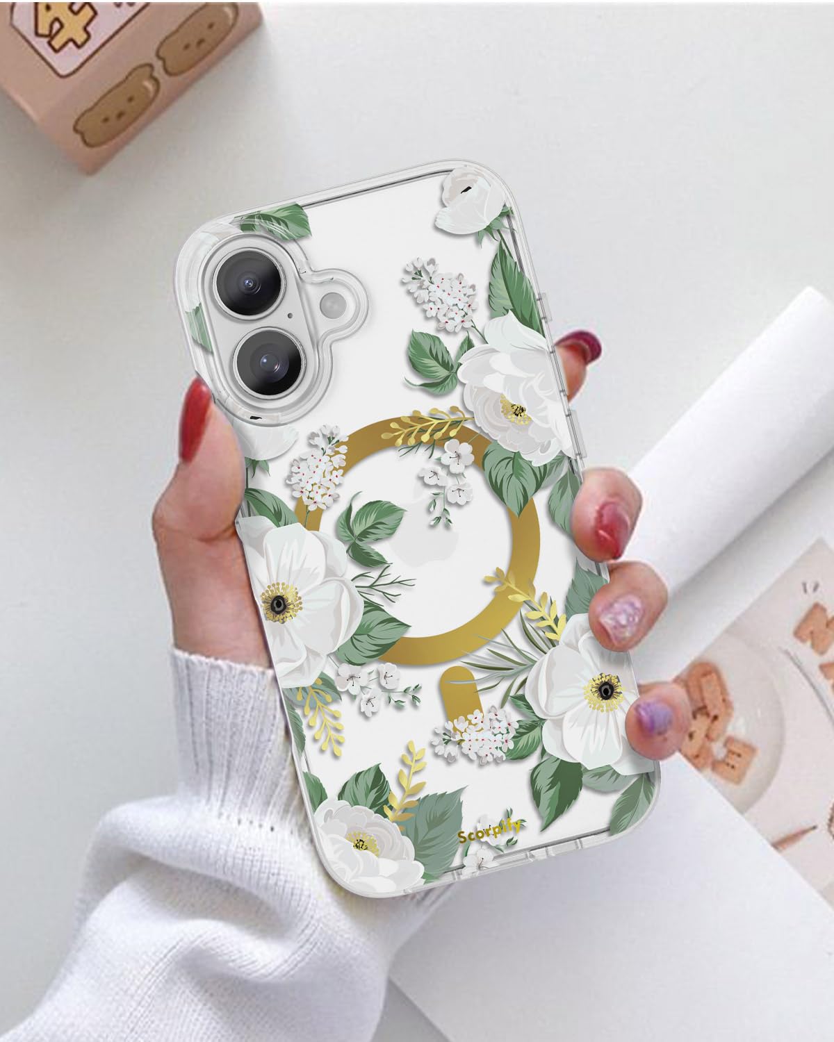 Scorpify For Iphone 16 Case [Compatible With Magsafe] With White Rose Floral Design, Cute Clear Flower Magnetic Phone Cover For