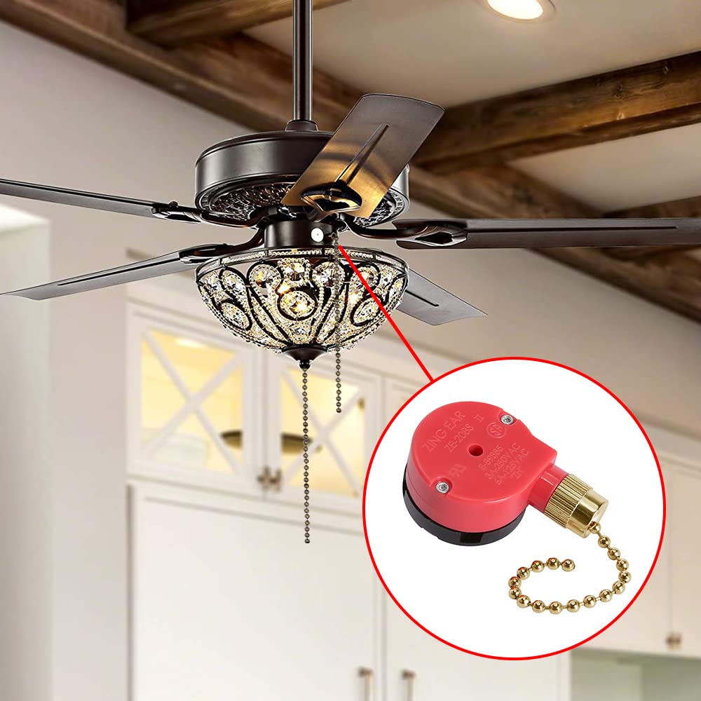 Zing Ear Ze 208S Pull Chain Switch,3 Speed Control Switch Compatible With Hunter Ceiling Fans, Lamps And Wall Lights (Brass Pull