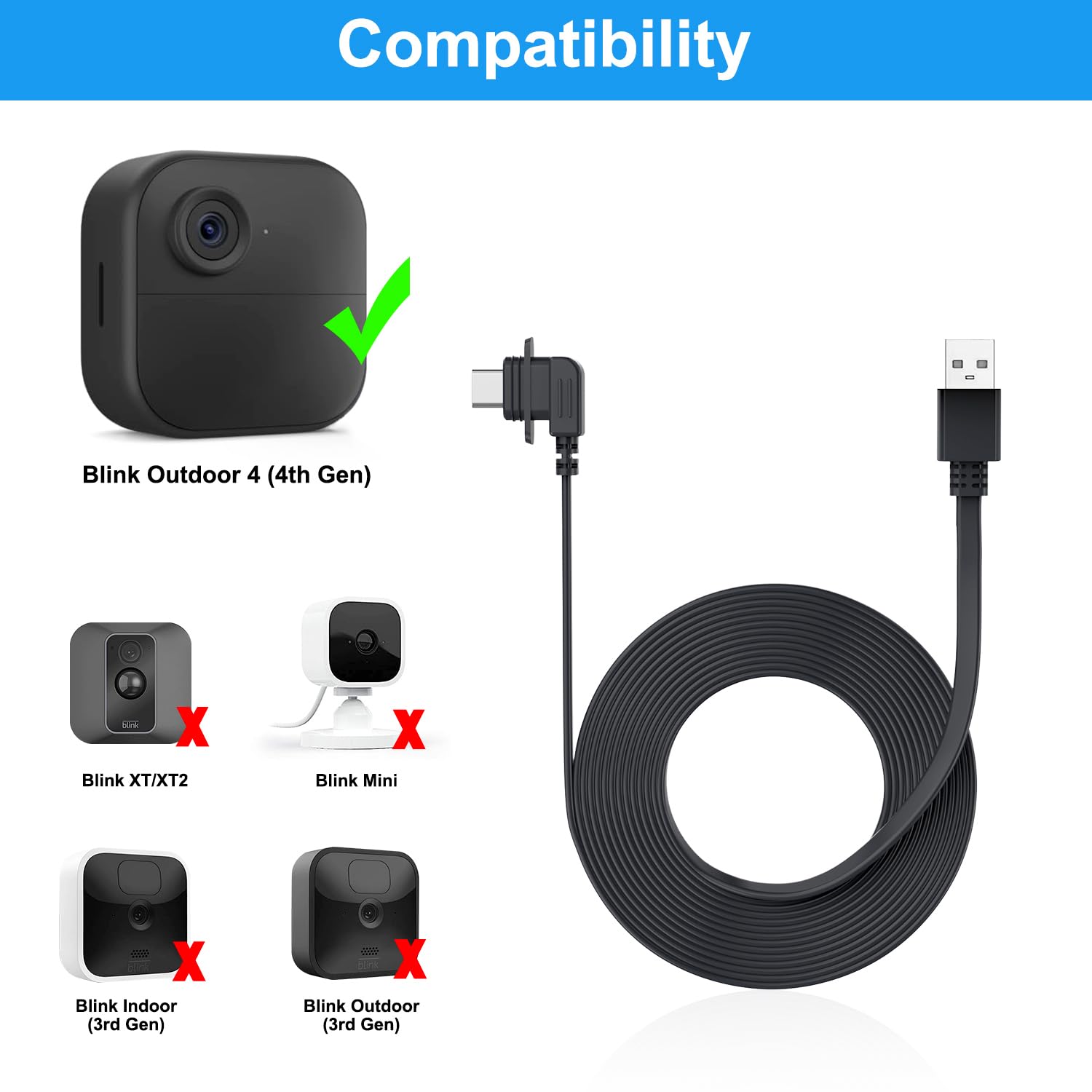 Itramax 10Ft Power Cable And Adapter Compatible With Blink Outdoor 4 Camera,Flat Usb C Blink Outdoor 4Th Gen Charging Cord,Water