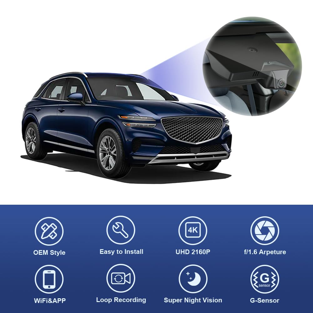 Fitcamx 4K Dash Cam Suitable For Genesis Gv70 2022 2025 2.5T Standard 3.5T Sport Jk1 (Has Auto Dimming), Oem Style, Uhd 2160P Vi