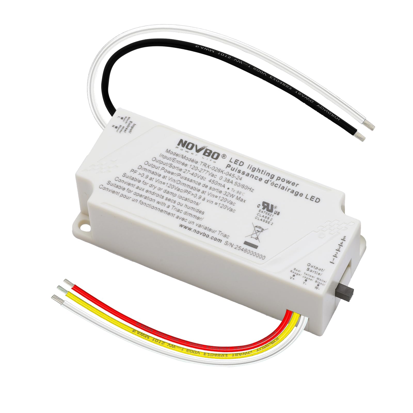 NOVBO TRIAC Dimmable LED Driver 26W 450mA 5CCT Constant Current Class 2 Power Supply AC 120-277V to DC 27-40V Transformer Flicke