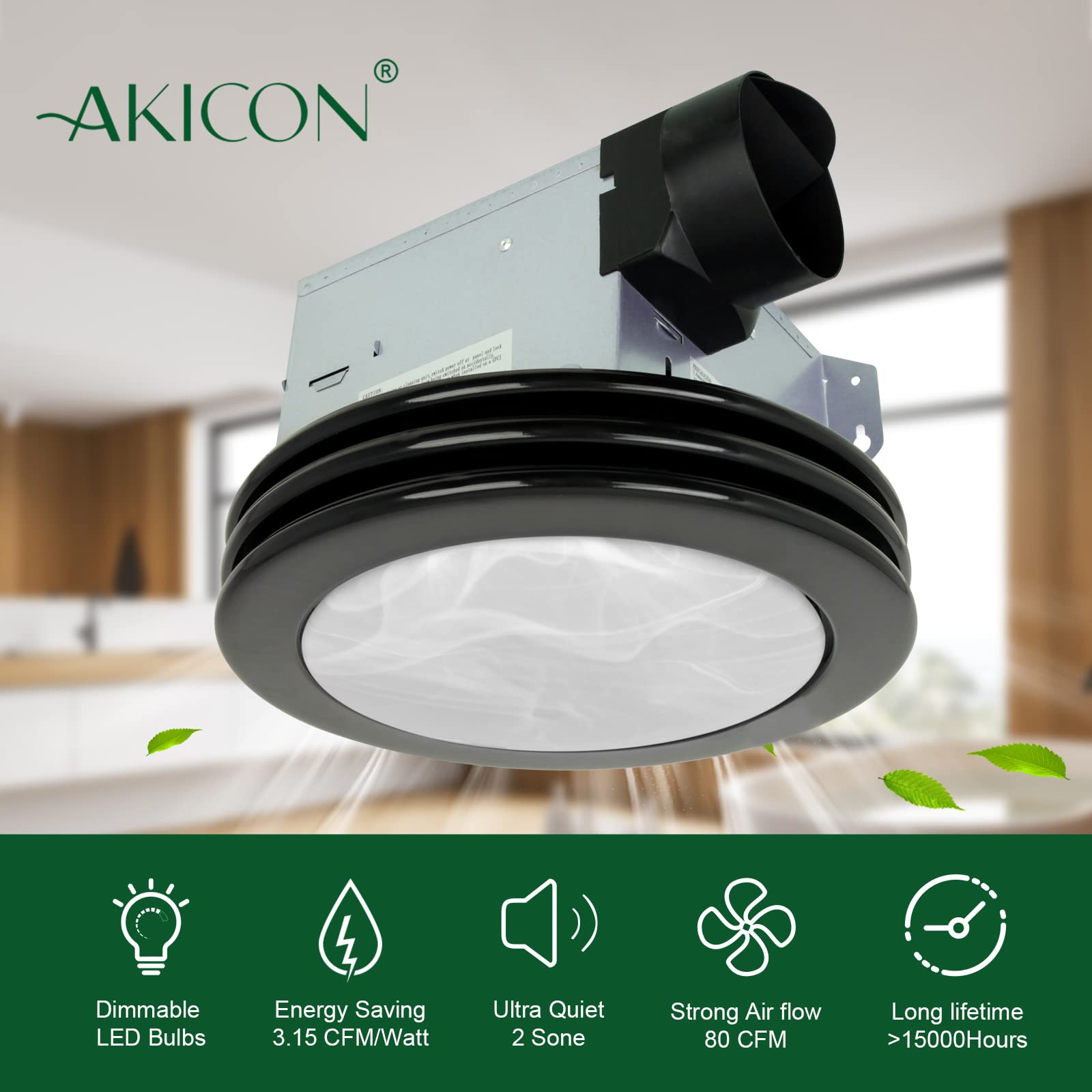 Akicon Ultra Quiet Bathroom Exhaust Fan With Led Light 80Cfm 2.0 Sones Round Bathroom Ventilation Fan With Frosted Glass Cover M