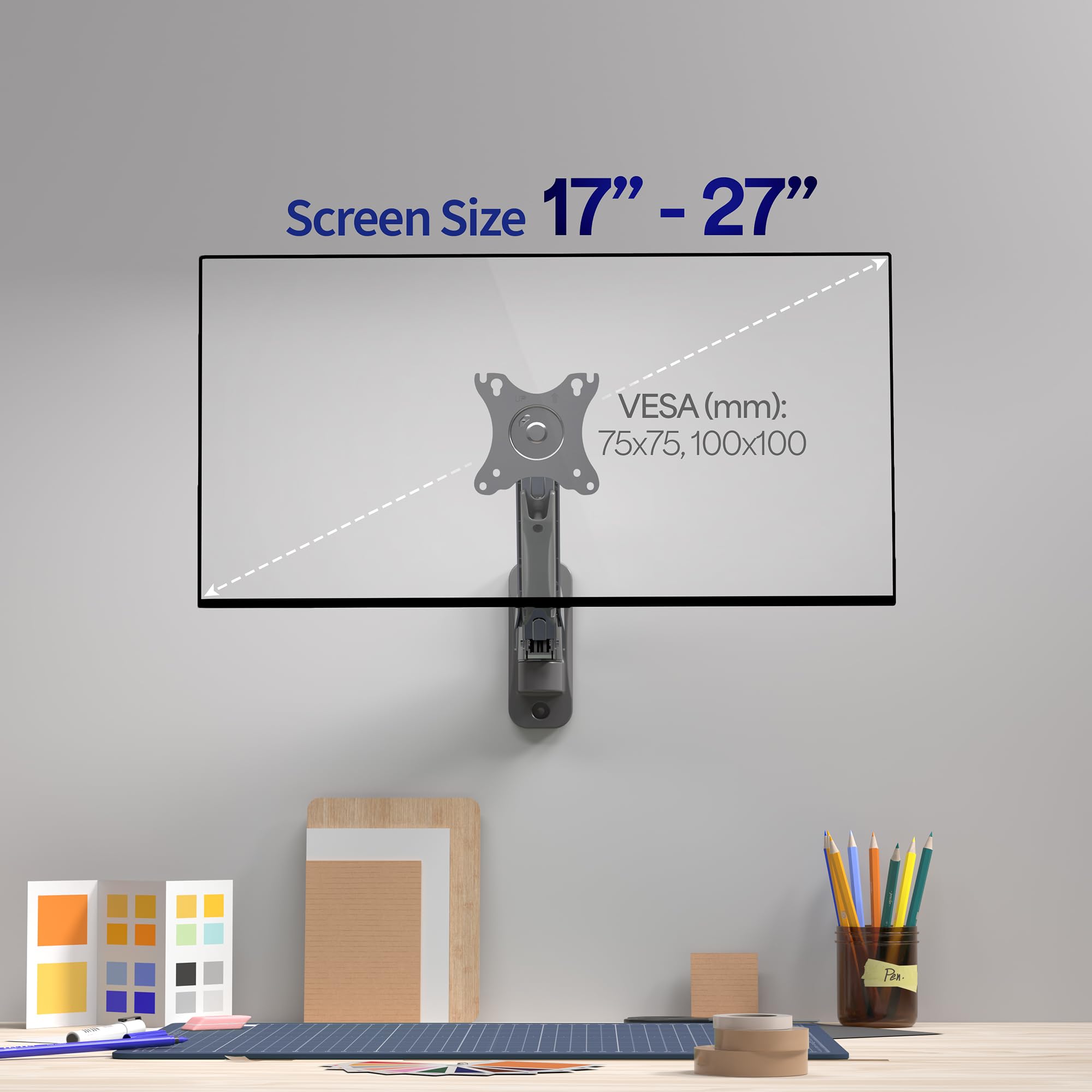 VIVO Height Adjustable Pneumatic Arm Single Monitor Wall Mount, Full Motion Articulating, Fits 17 to 32 inch Screen, Black, MOUNT V001A