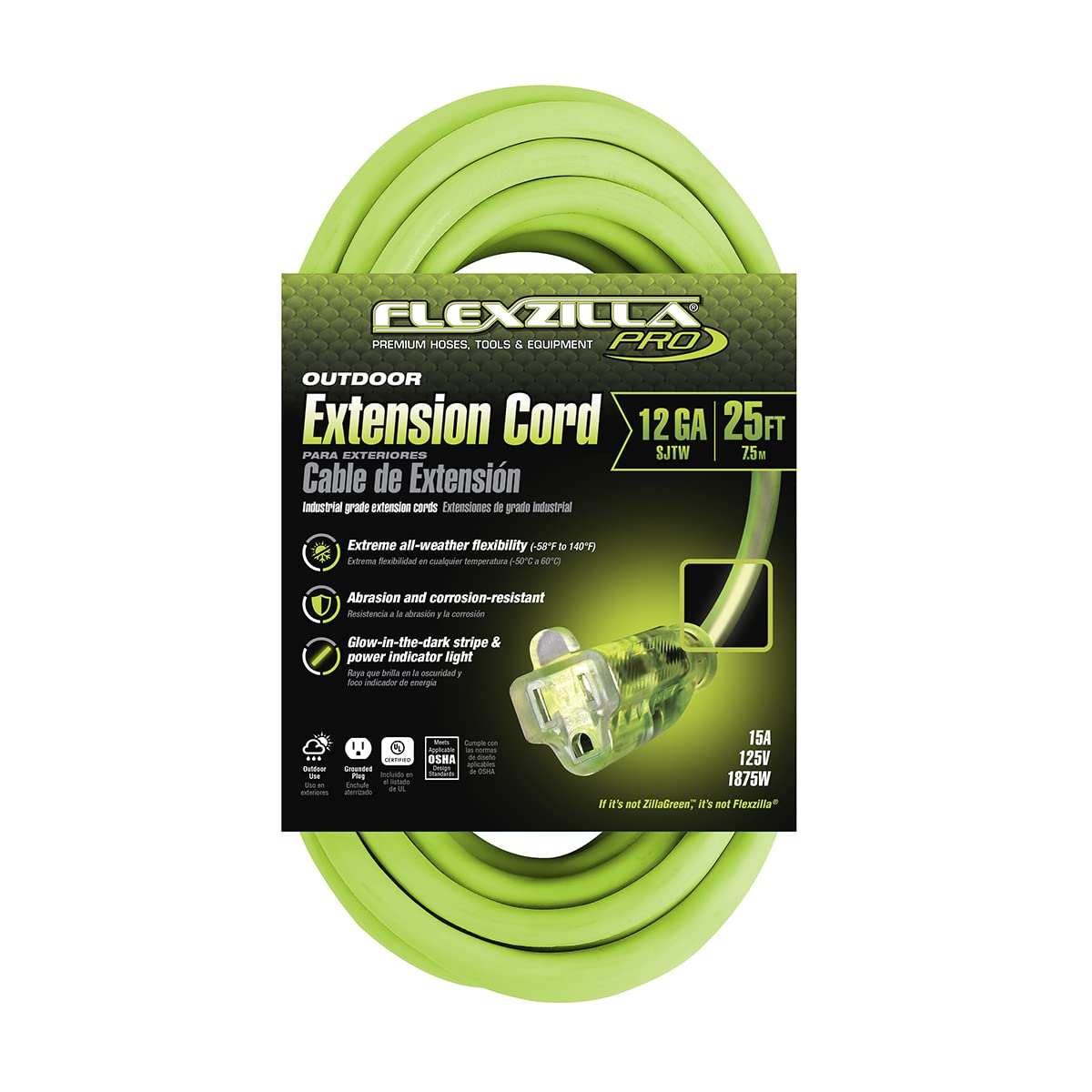 Flexzilla Pro Extension Cord, 12/3 Awg Sjtw, 25 Ft., Lighted Plug, Indoor/Outdoor, Zillagreen - Fz512825