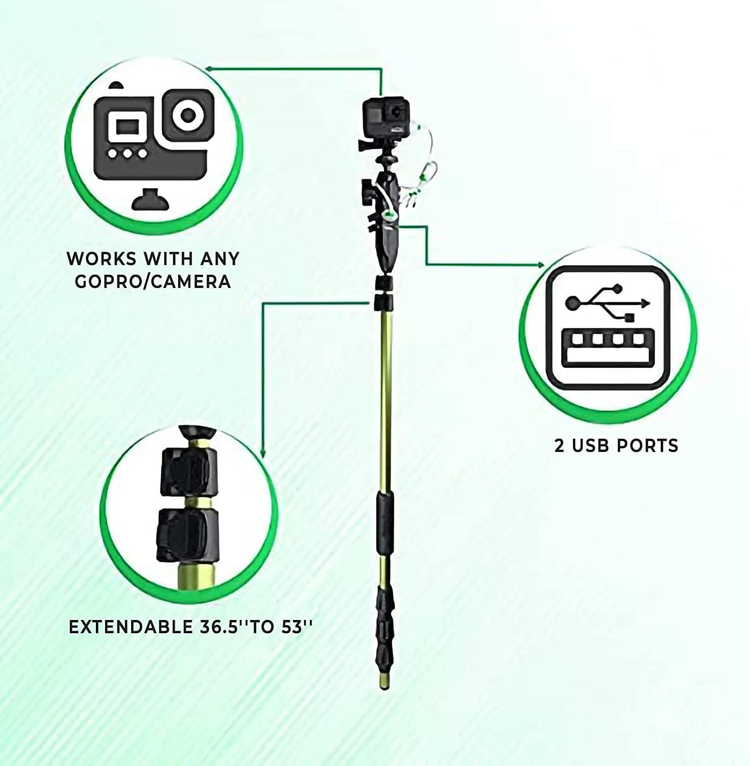 Yolotek Powerstick 53'' Bundle Gopro Boat Mount & Constant Power Veteran Owned. Go Pro Camera Bass Boat Accessories. Gopro Mount