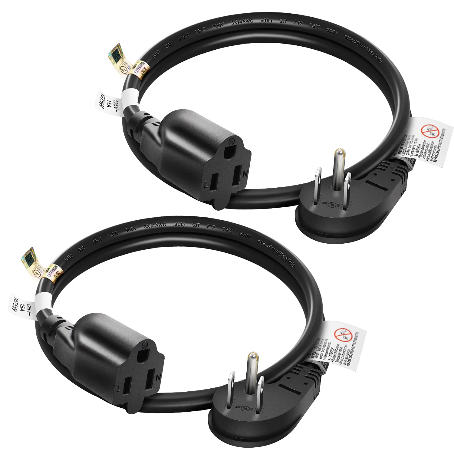 Firmerst 1875W 15A Extension Cord 2 Feet 14/3 Flat Plug Black, Pack Of 2