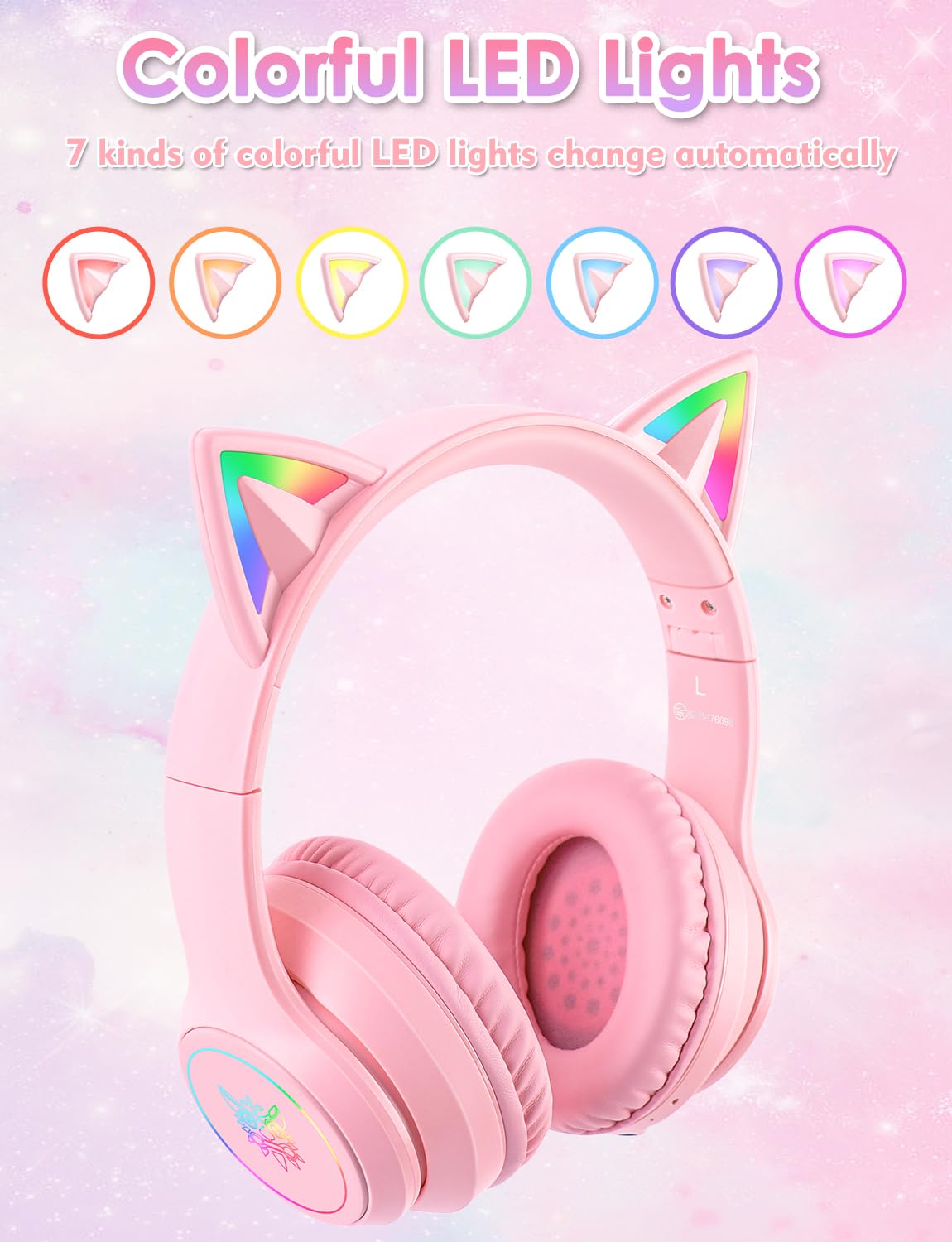 Bluetooth Kids Headphones With Microphone, Cat Ear Led Light Up And 85Db Volume Limited Toddlers Study Headphones, Wireless Fold