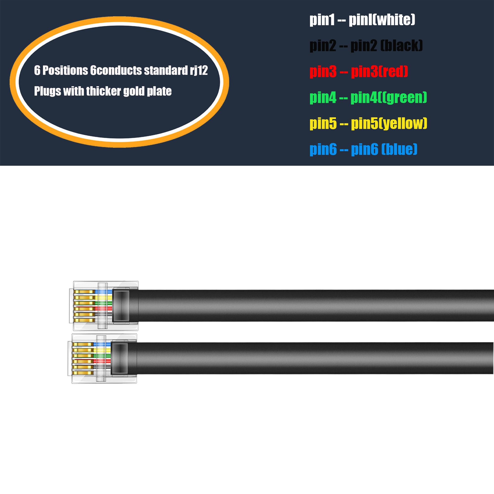 Jmzly Rj12 Cable Phone Cord Rj12 6P6C Male To Male Straight Wired For Both Data And Voice Use Black   15 Feet3 Pack