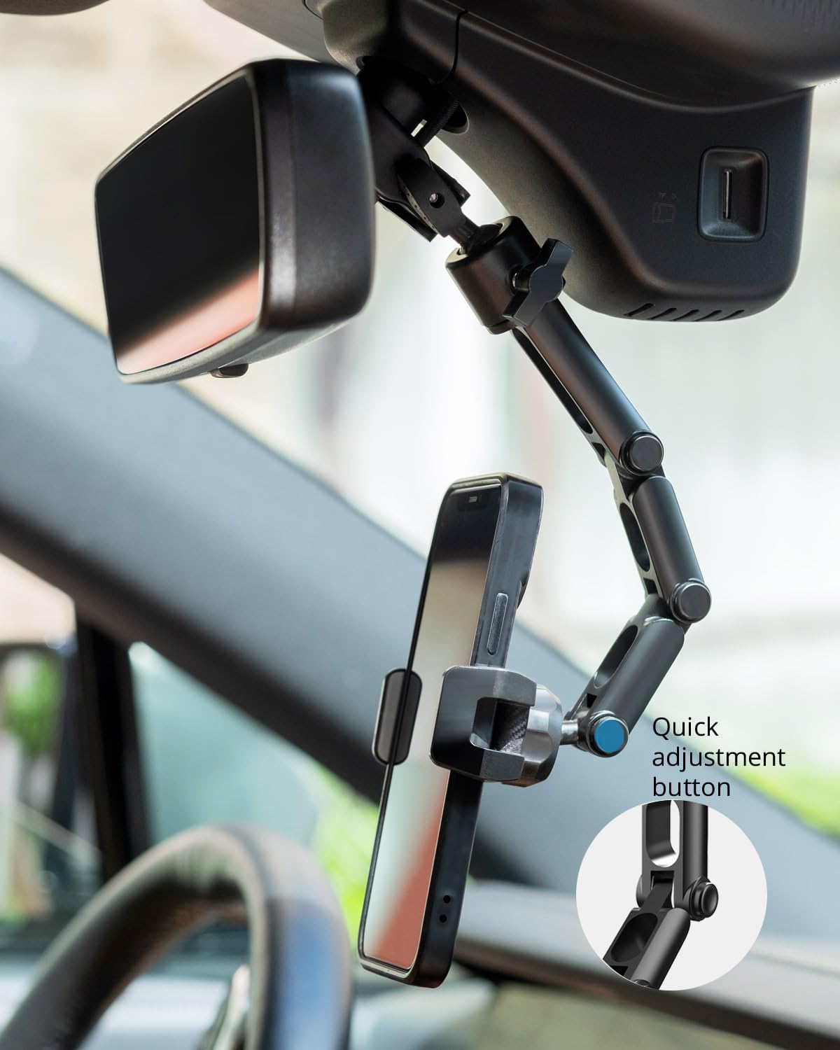 Upgrade Rear View Mirror Phone Holder Mount For Car, Aluminum Multi-Directional Metal Arms And 360-Degree Rotatable Retractable,