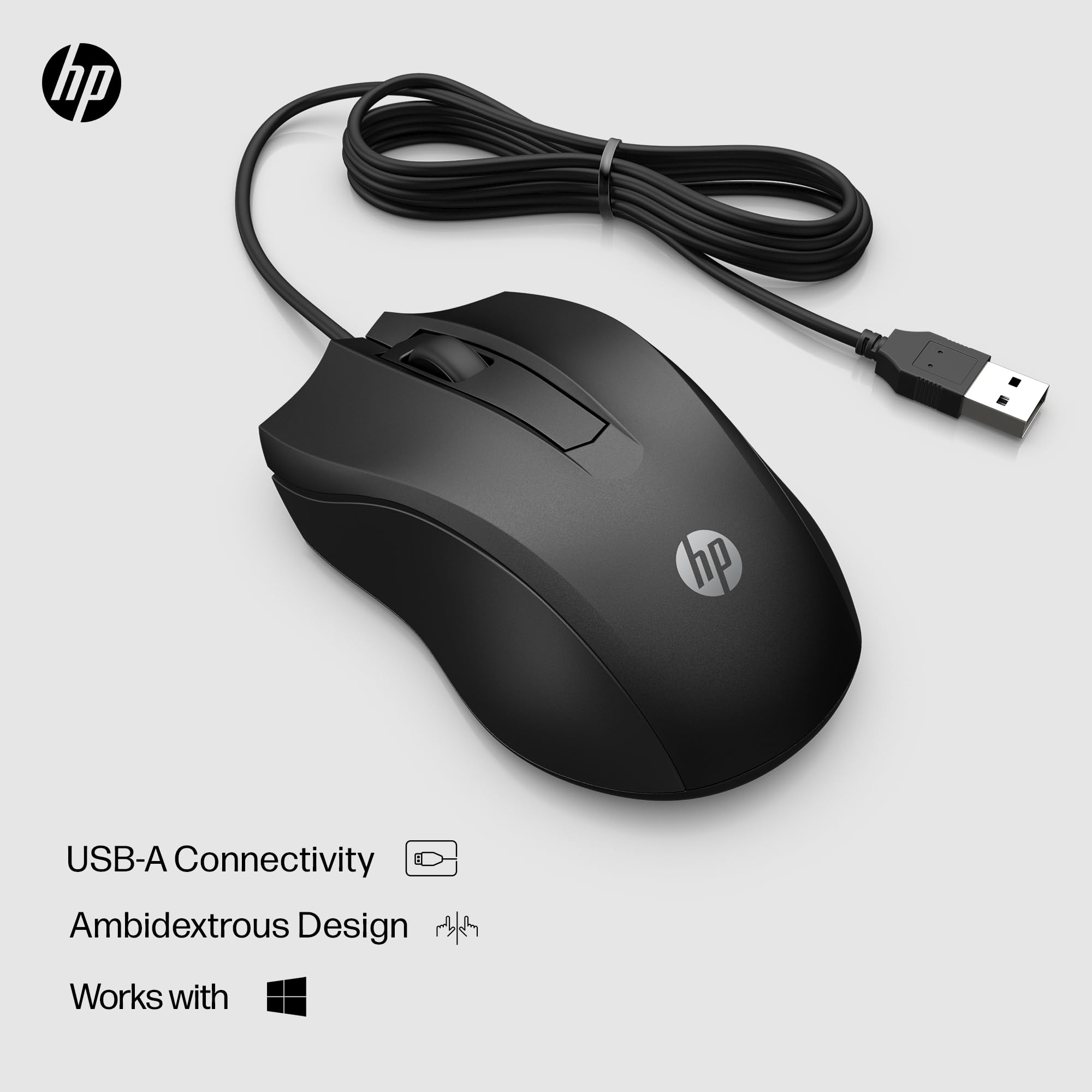HP Wired Mouse 100   Precise Optical Sensor with 1600 DPI   Easy USB Connection   Ambidextrous Design   3 Button Control & Built in Scrolling   Multi OS Compatible (6VY96AA#ABL)