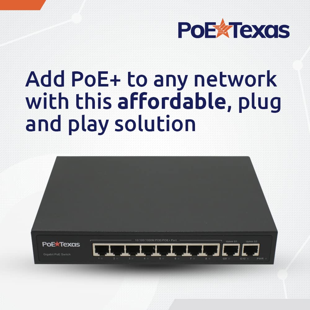Poe Texas 8 Port Poe Switch   802.3Af/At Power Over Ethernet With 8 Poe+ Ports, 2 Lan Uplink, Vlan & Extender   120W High Speed