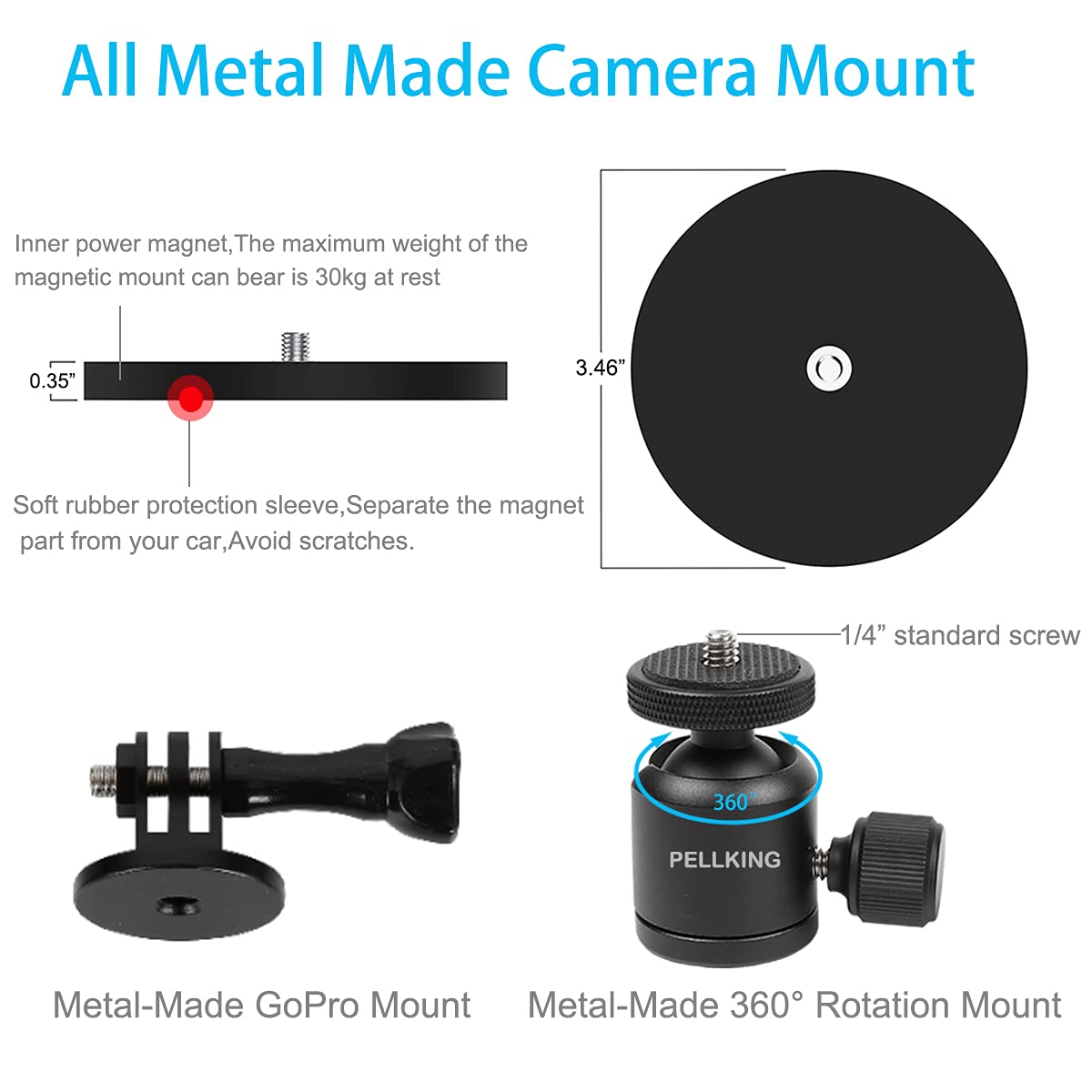 Pellking Magnet Camera Mount For Gopro,Heavy Duty Metal Car Powerful Magnetic Camera Mount With 360 Degree Rotation Ball Head For Car Body,Compatible With Gopro Hero 9 Black 8/7/6/5,Etc