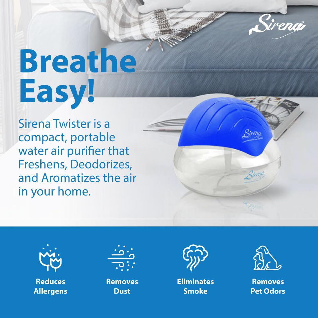 Sirena Twister Air Purifier - Blue Aroma Diffuser with LED Night Light, 1 Count, Model TWIST-BL - Ideal for Home and Office