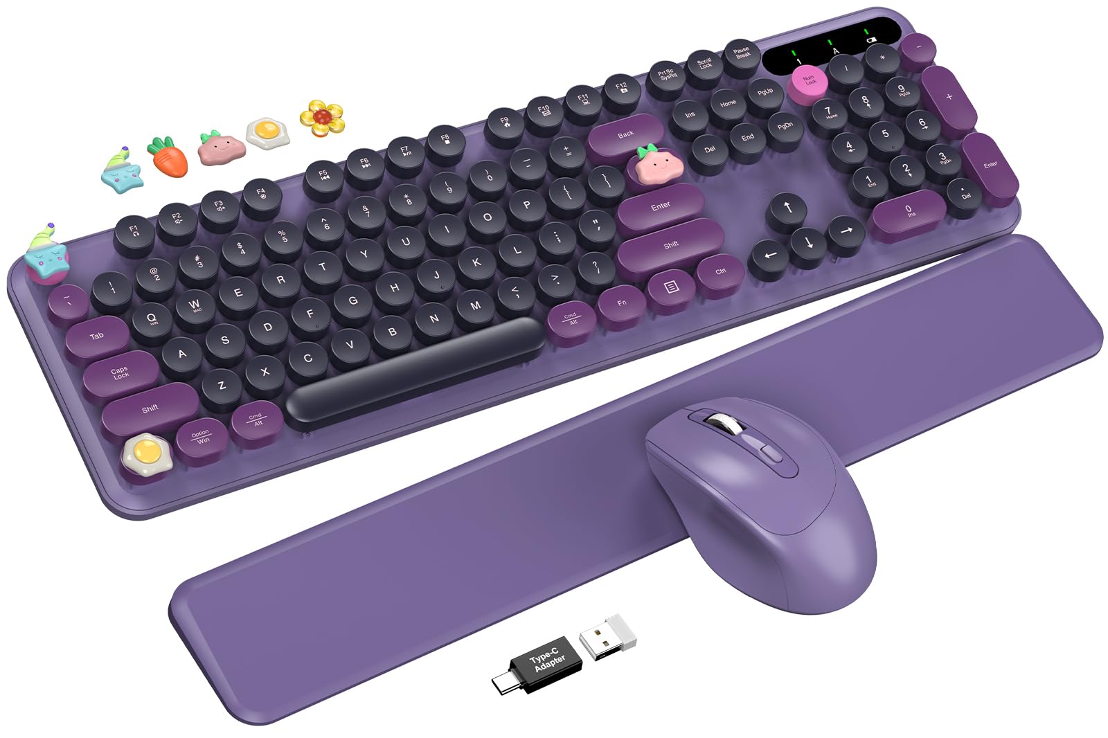 Wireless Keyboard and Mouse - Cute Typewriter Keyboard with Detachable Wrist Rest, Retro Round Keycaps, Foldable Legs, 2.4GHz Fu