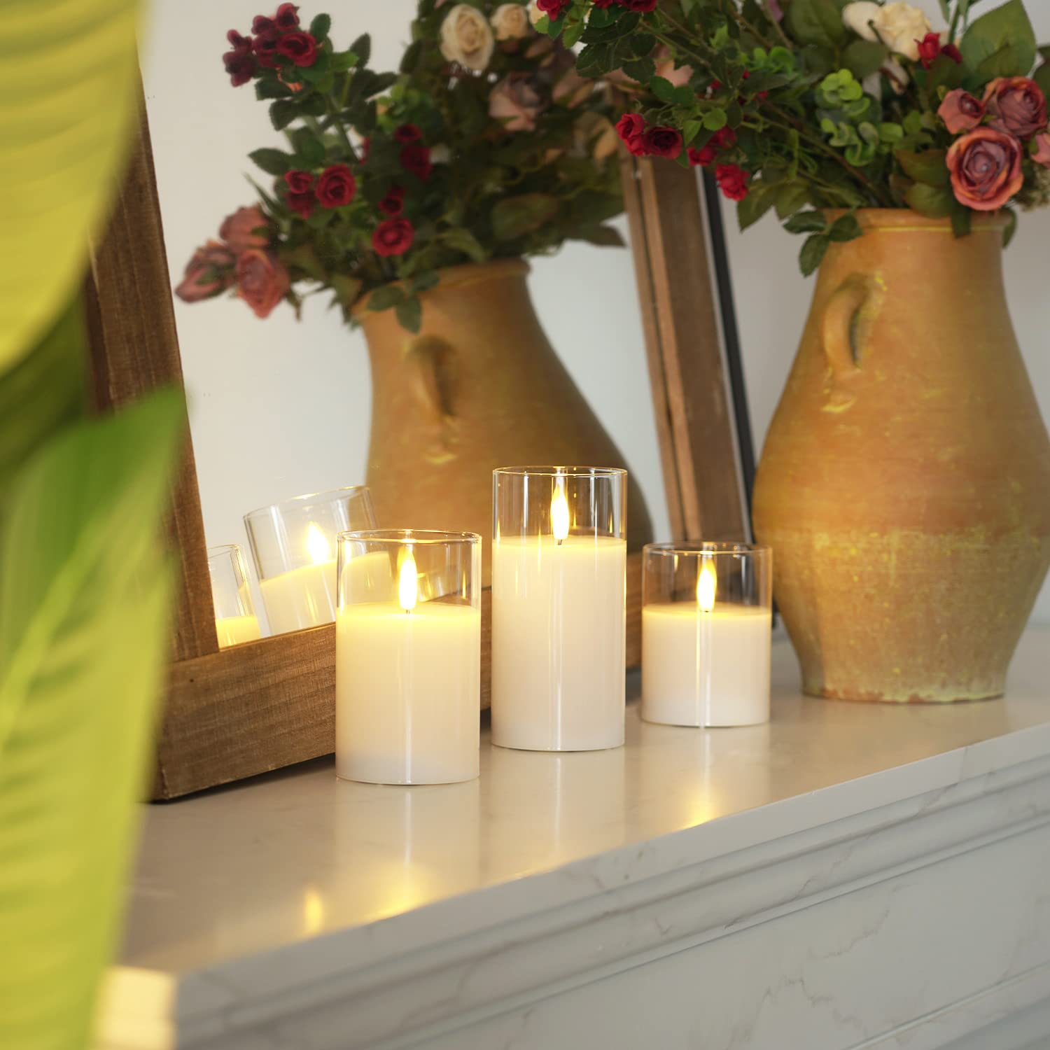 Homemory Clear Glass Flameless Candles, Pure White Wax Battery Operated Candles, Led Pillar Candles With Remote Control And Time