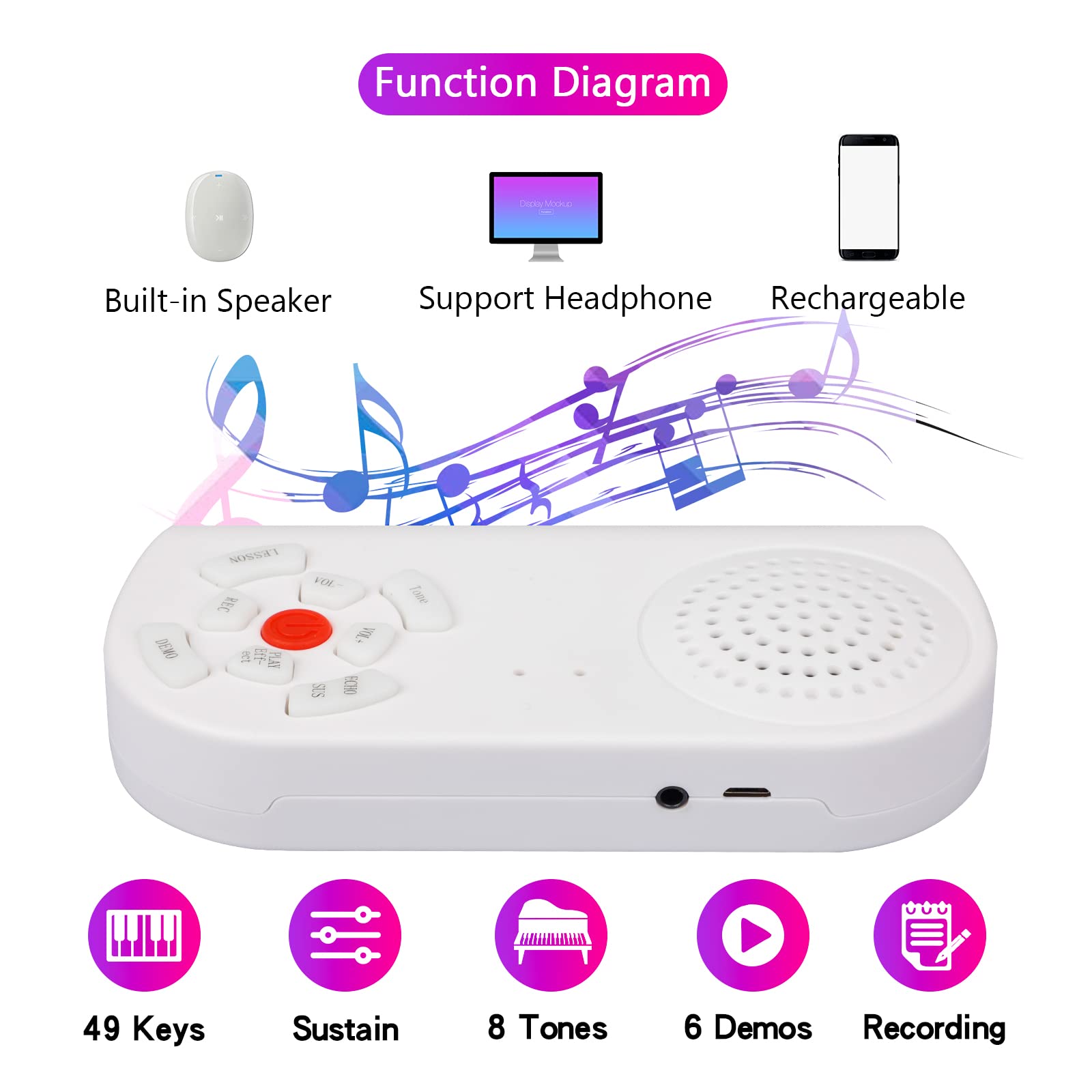 49 Keys Roll Up Piano With Carrying Bag, 8 Different Tones, Built In Rechargeable Lithium Battery, Built In 2W Speakers, Portabl