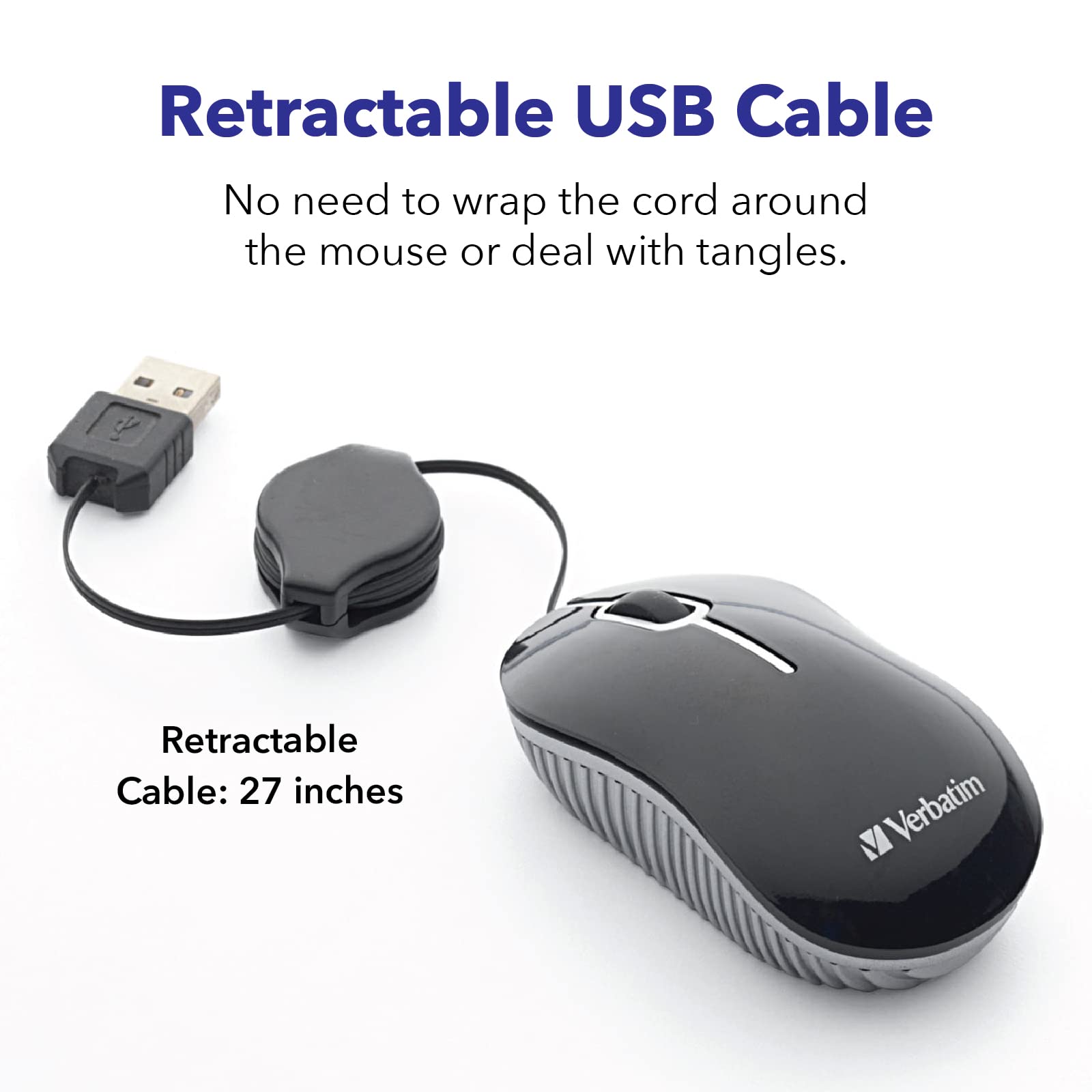 Verbatim Wired Optical Computer Mini Usb A Mouse   Plug & Play Corded Small Travel Mouse With Retractable Cable   Black 98113
