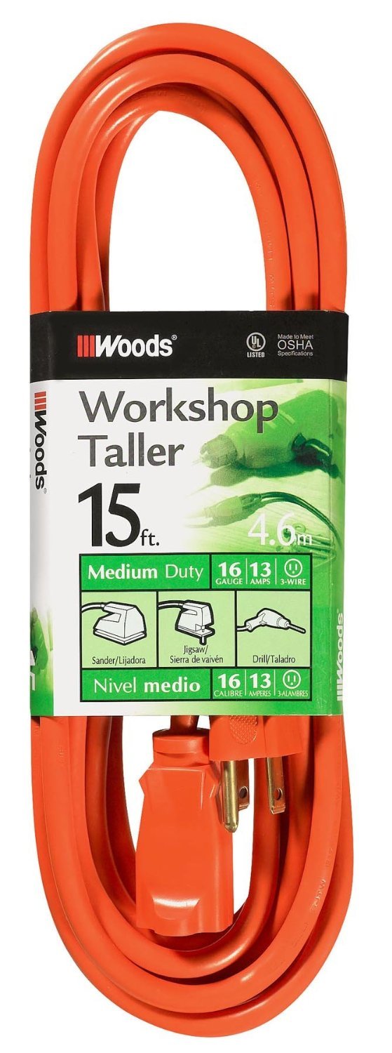 Woods Light Duty Extension Cord, 15Ft, 16 Gauge, 3 Conductor, General Purpose Cord, Sjtw, Orange, 0266