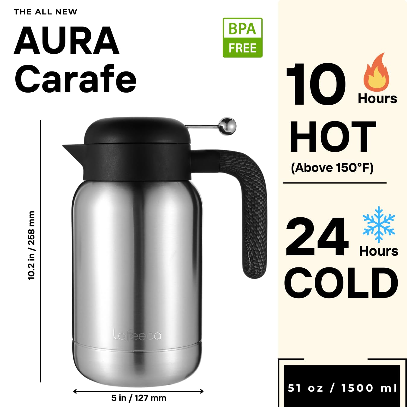 Aura Thermal Coffee Carafe Tea Pot For Keeping Hot & Iced Cold   Vacuum Insulated   Thermos Water Pitcher   Beverage Dispenser