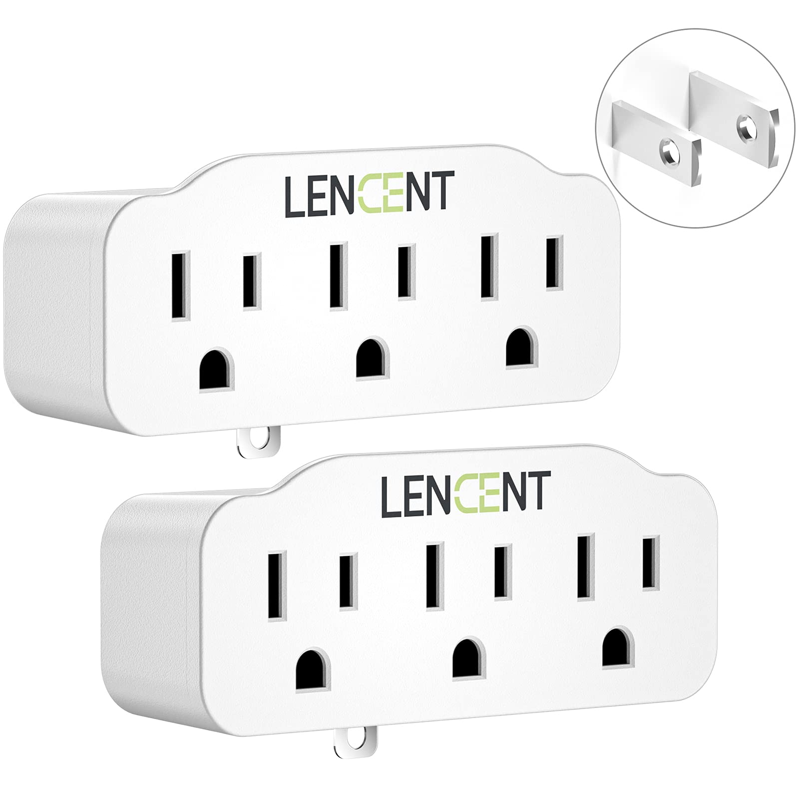 Lencent 3 Prong To 2 Prong Polarized Grounding Adapter, 2 Pack, Plug Extender, Outlet Converter, Wall Plug Splitter With 3 Ac Ou