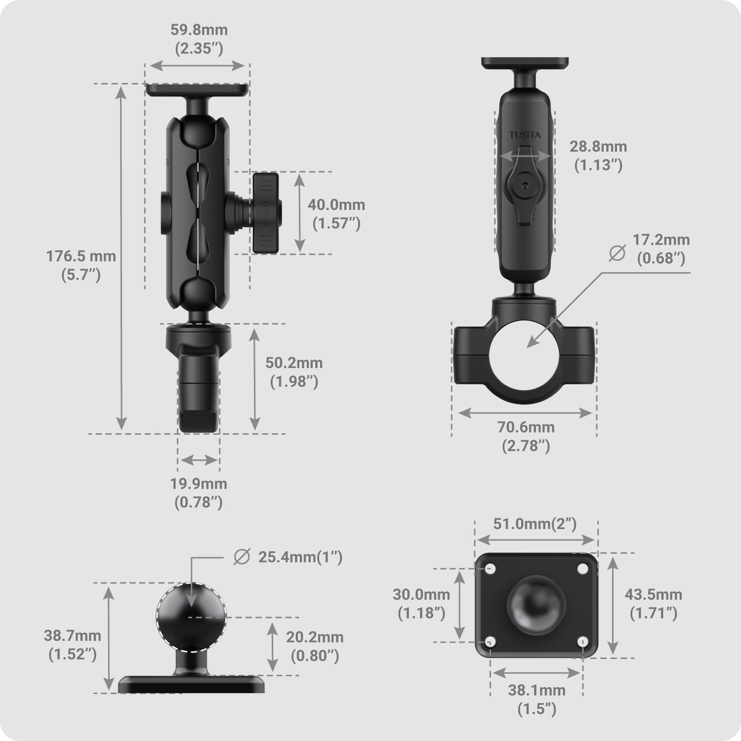 Tusita Motorcycle Gps Mount Compatible With Garmin Montana, Zumo Xt Gps   Handlebar Base With Medium Double Socket Arm