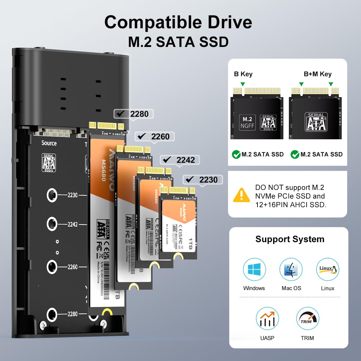 Maiwo M.2 Sata Ngff Duplicator Cloner, Dual Bay Enclosure For M.2 Sata Ngff Ssd With Offline Clone, Usb 3.1 Type C 6Gbps Speed, 8Tb Capacity