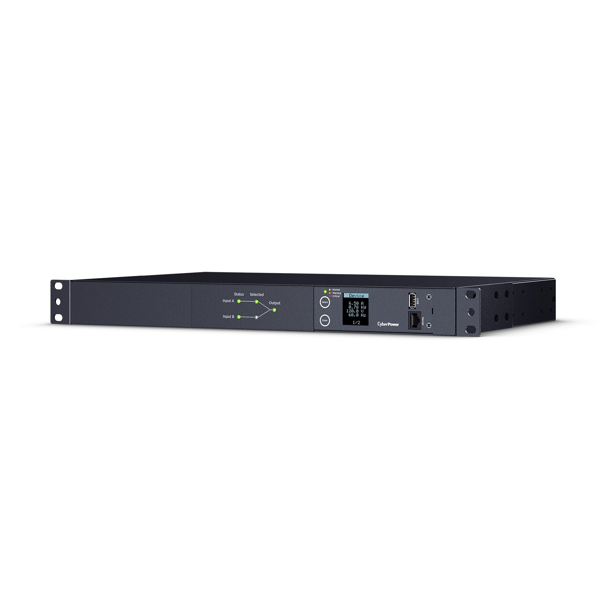 Cyberpower Pdu24002 Metered Ats Pdu, 100 120V, 20A (Derated To 16A), 10 Outlets, 1U Rackmount