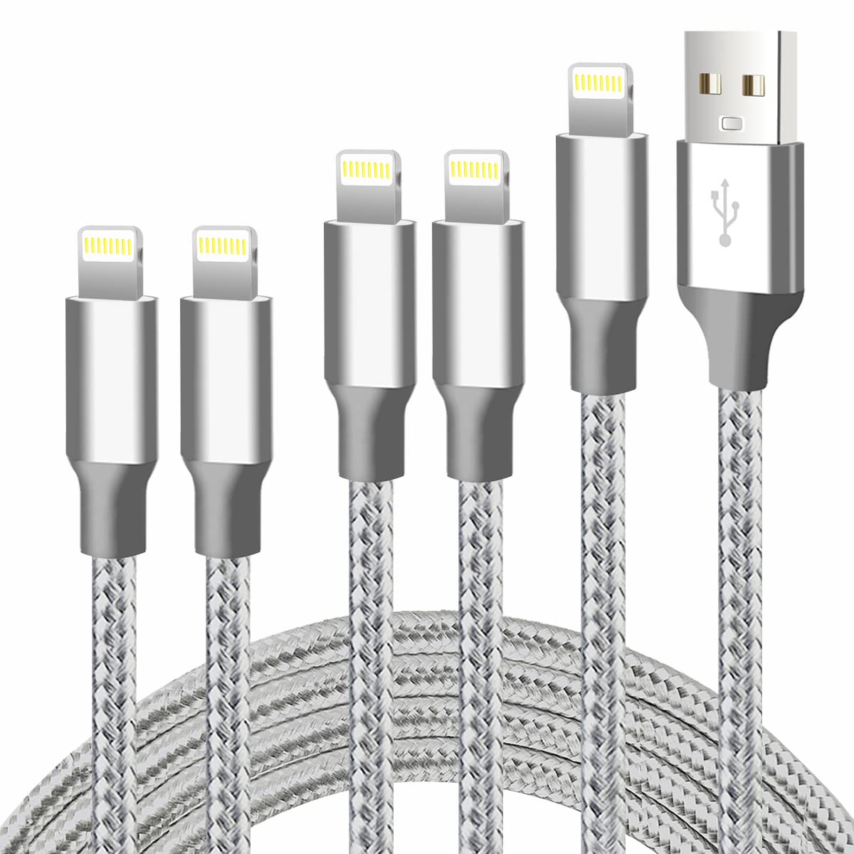 Cugunu Iphone Charger, 5 Pack 3/3/6/6/10Ft Apple Mfi Certified Usb Lightning Cable Nylon Braided Fast Charging Cord Compatible For Iphone 14/13/12/11/X/Max/8/7/6/5/Se/Plus/Ipad   Gray