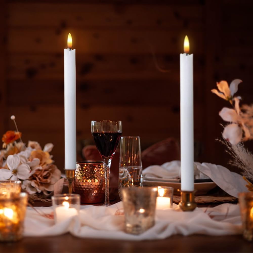 Dromance White Flameless Taper Candles Battery Operated With 6H Timer, Real Wax 3D Wick Flickering Led Taper Candles Dinner Wedd