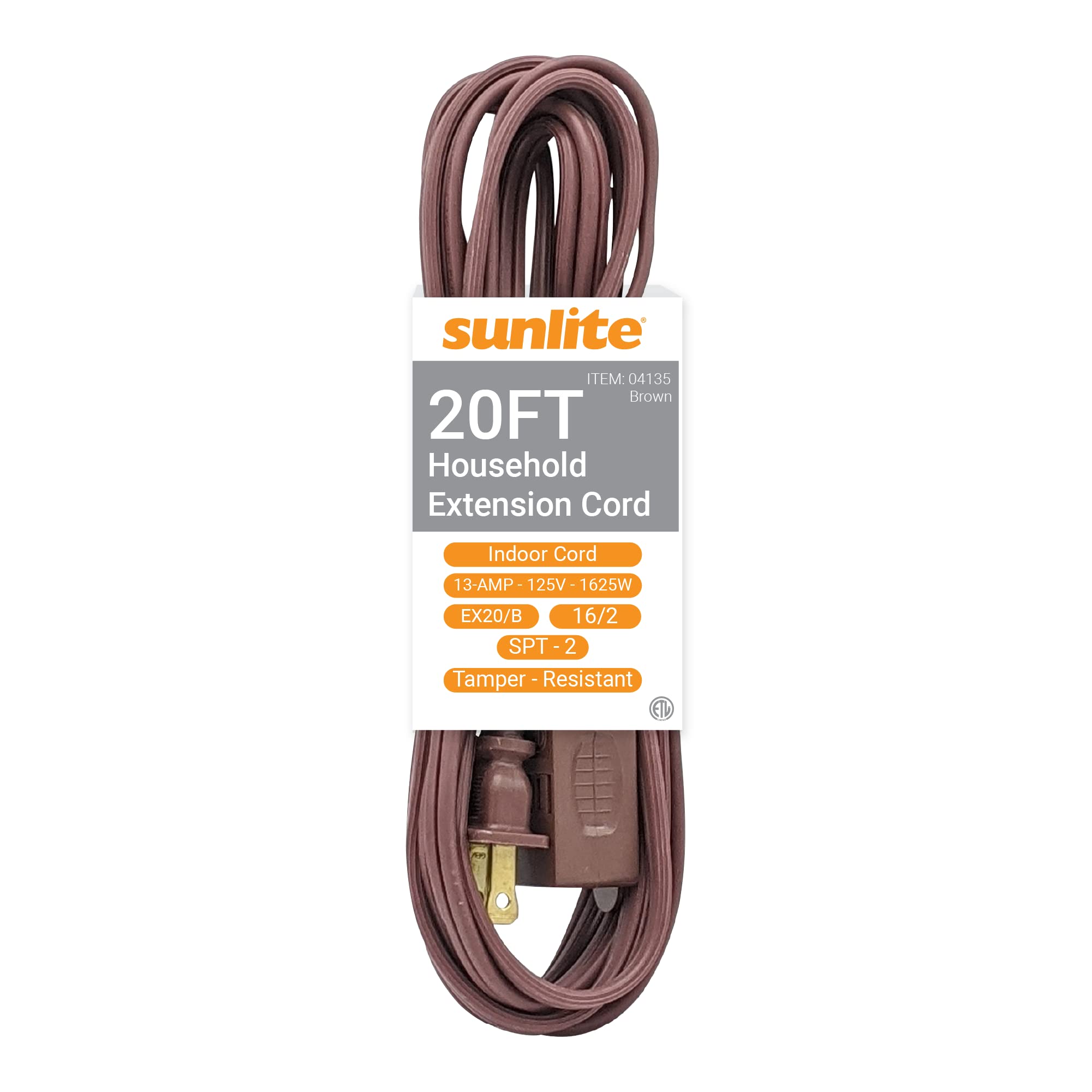 Sunlite 04135 20-FT Household Extension Cord, Three 2-Prong Polarized Sockets, Tamper Guards, Indoor Use, for Small Appliances,